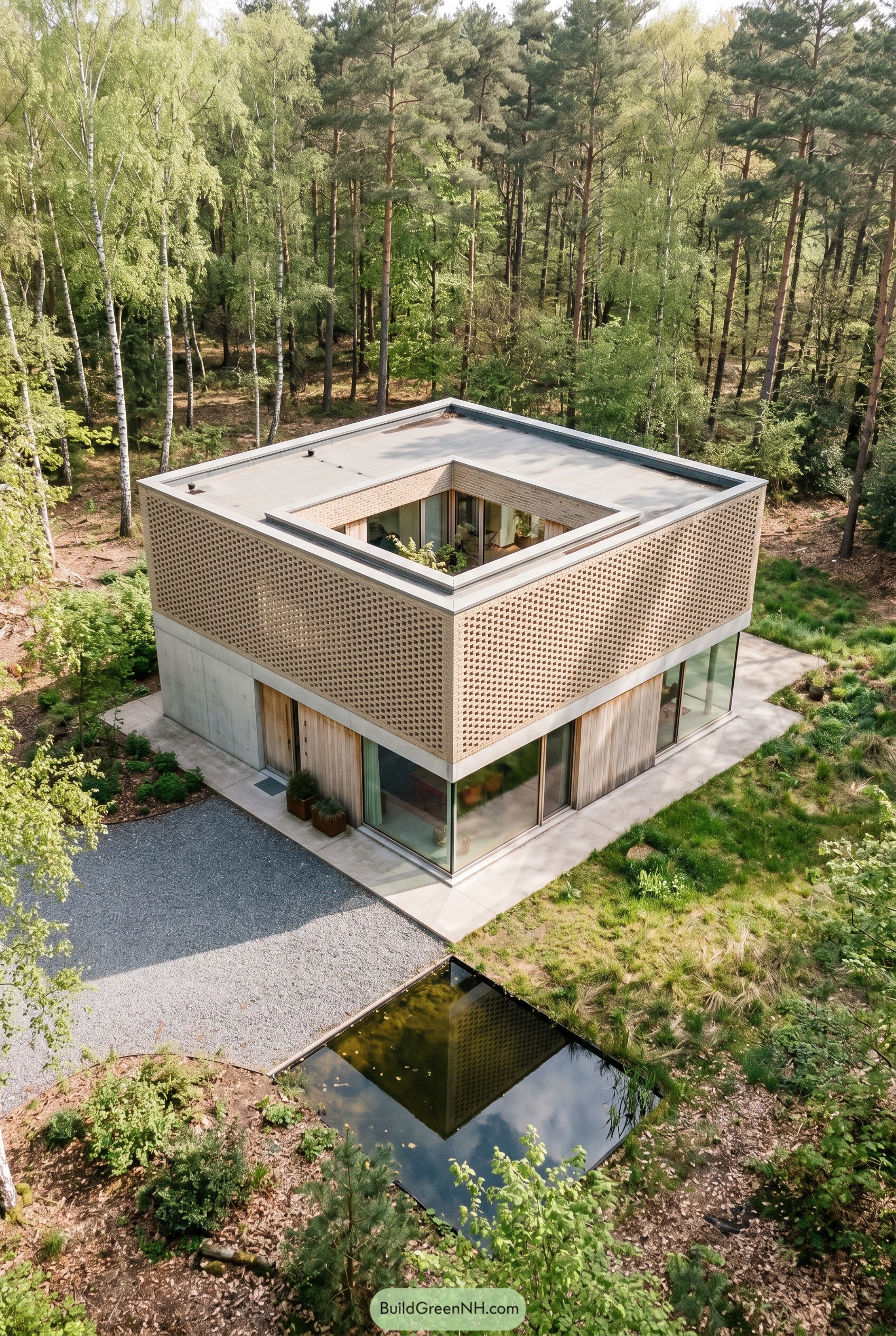 Square courtyard house with perforated brick walls in woodland