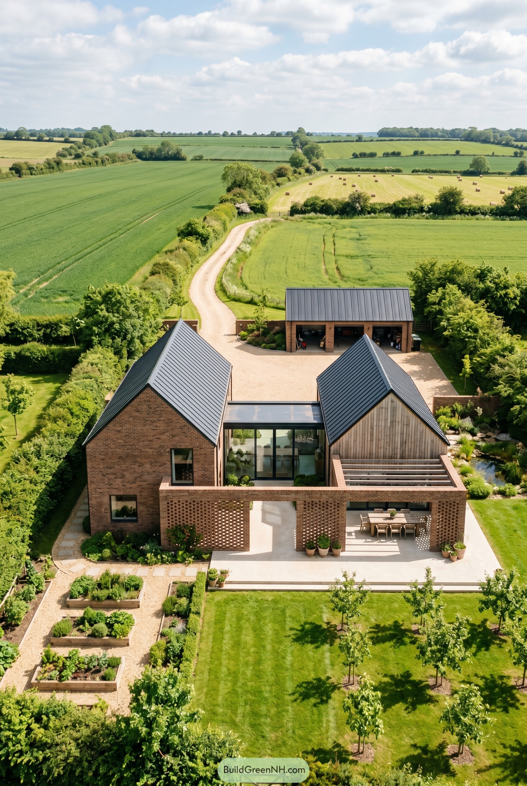 Aerial view of a modern brick farmhouse with perforated screen walls