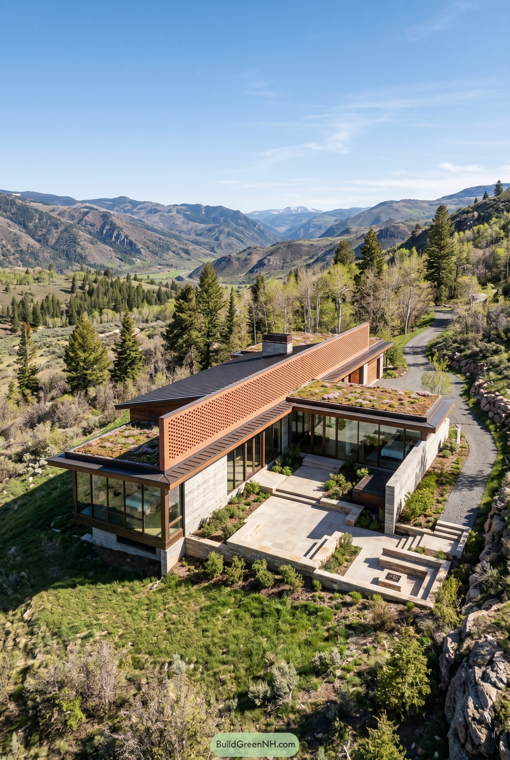 Modern hillside house with a long perforated brick screen and green roofs