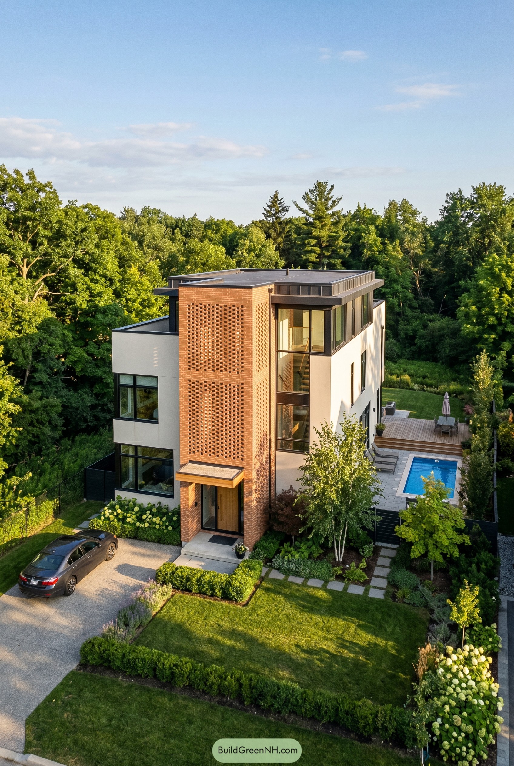 Three story modern house with perforated brick tower and pool