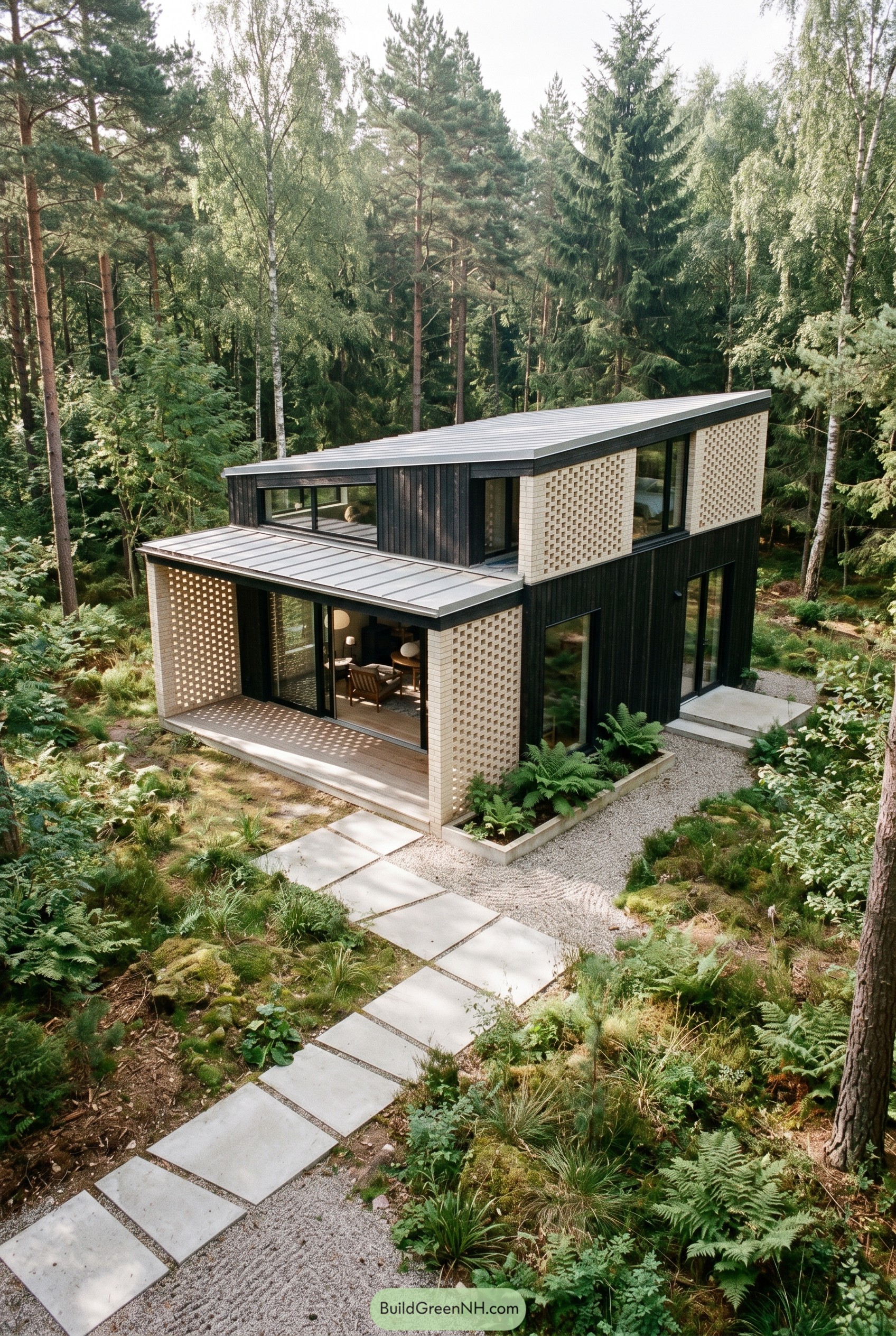 Modern forest house with perforated brick screens