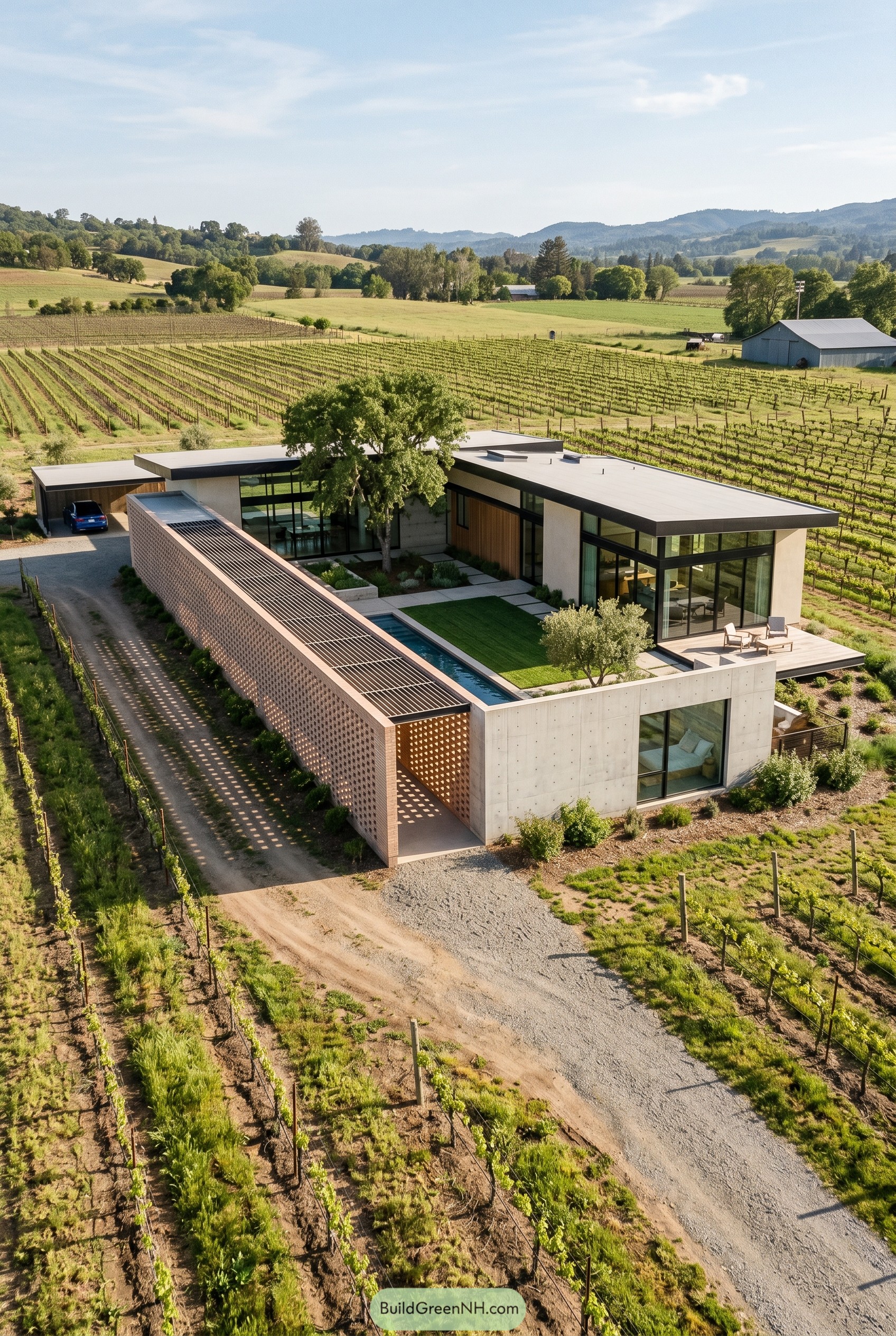 Modern vineyard house with perforated brick wall
