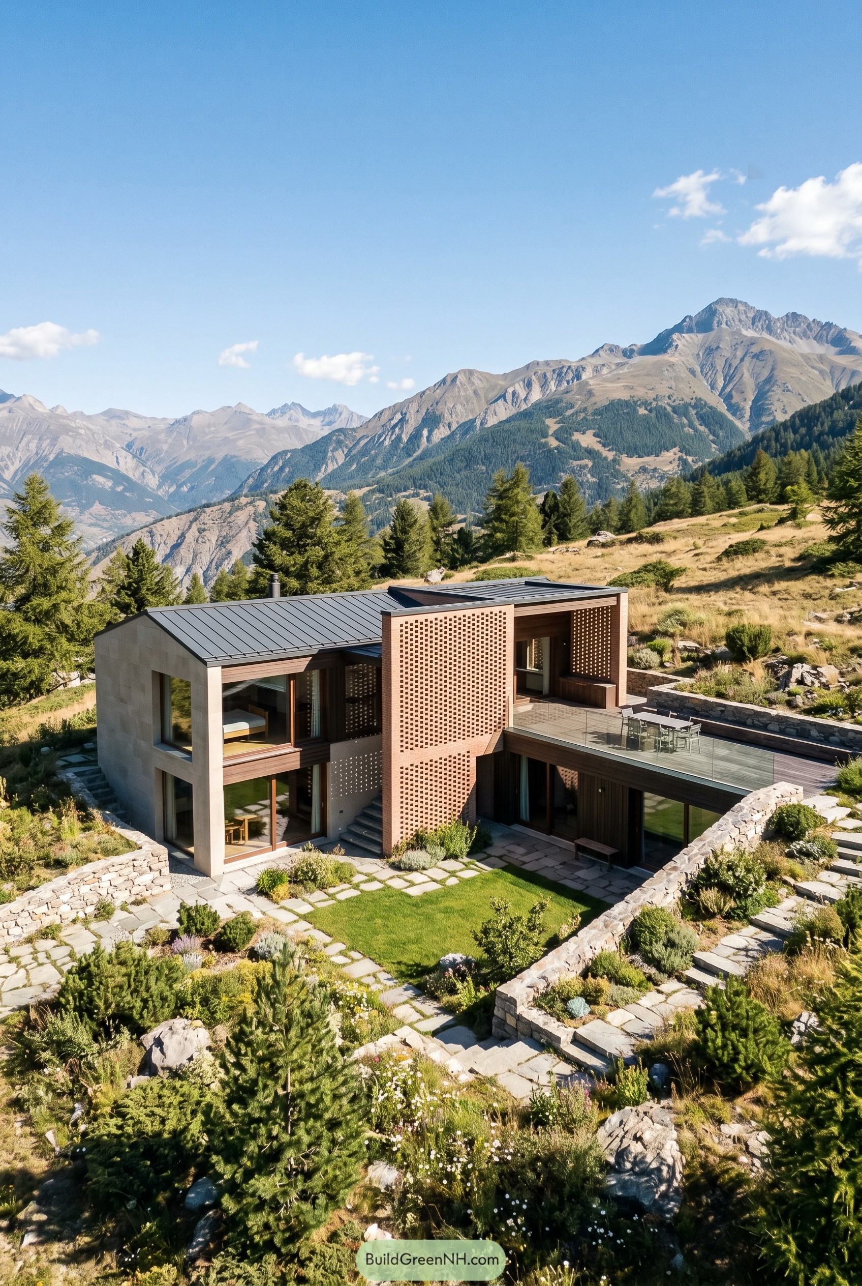 Modern mountain house with perforated brick screen and terrace