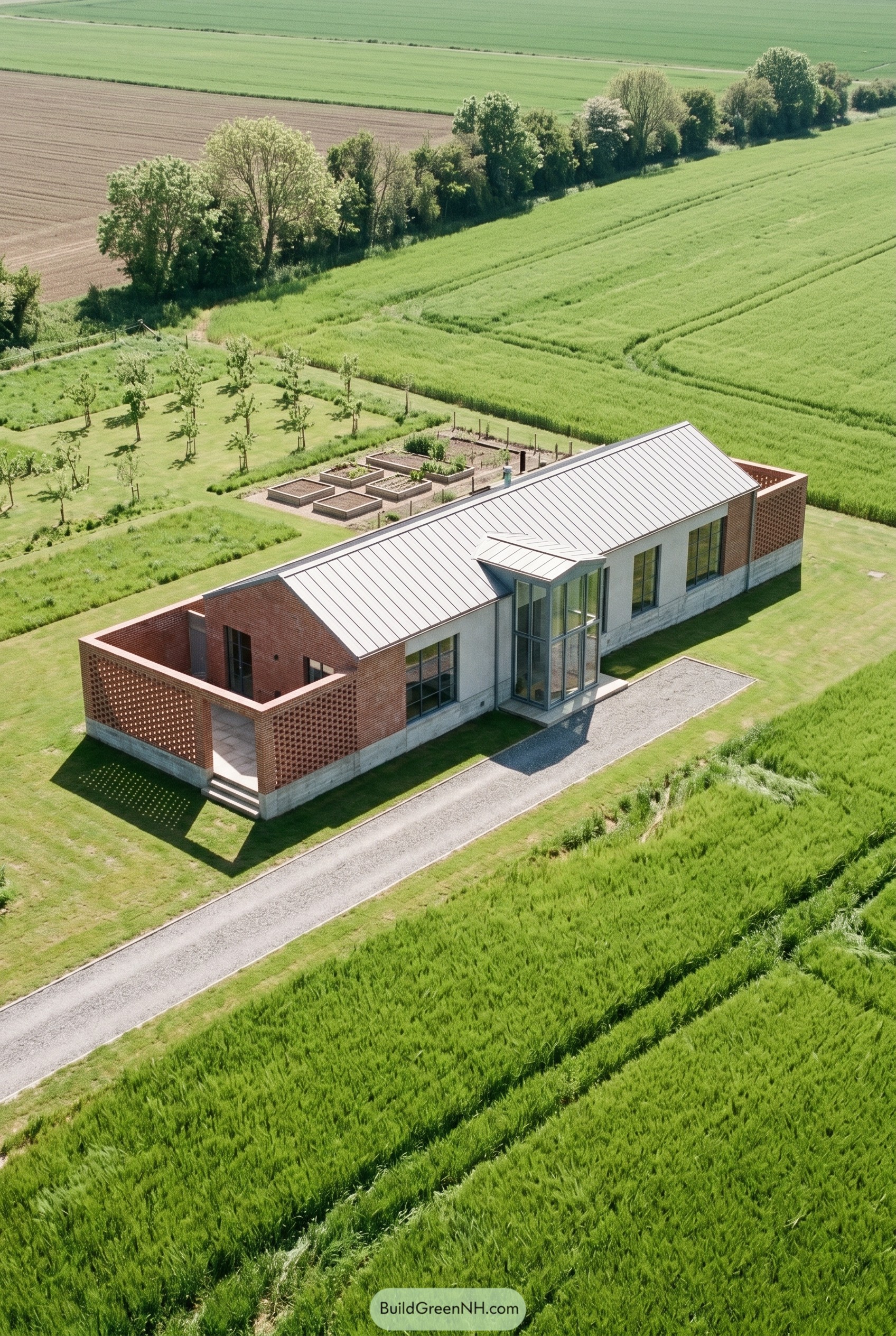 Long rural house with perforated brick courtyards