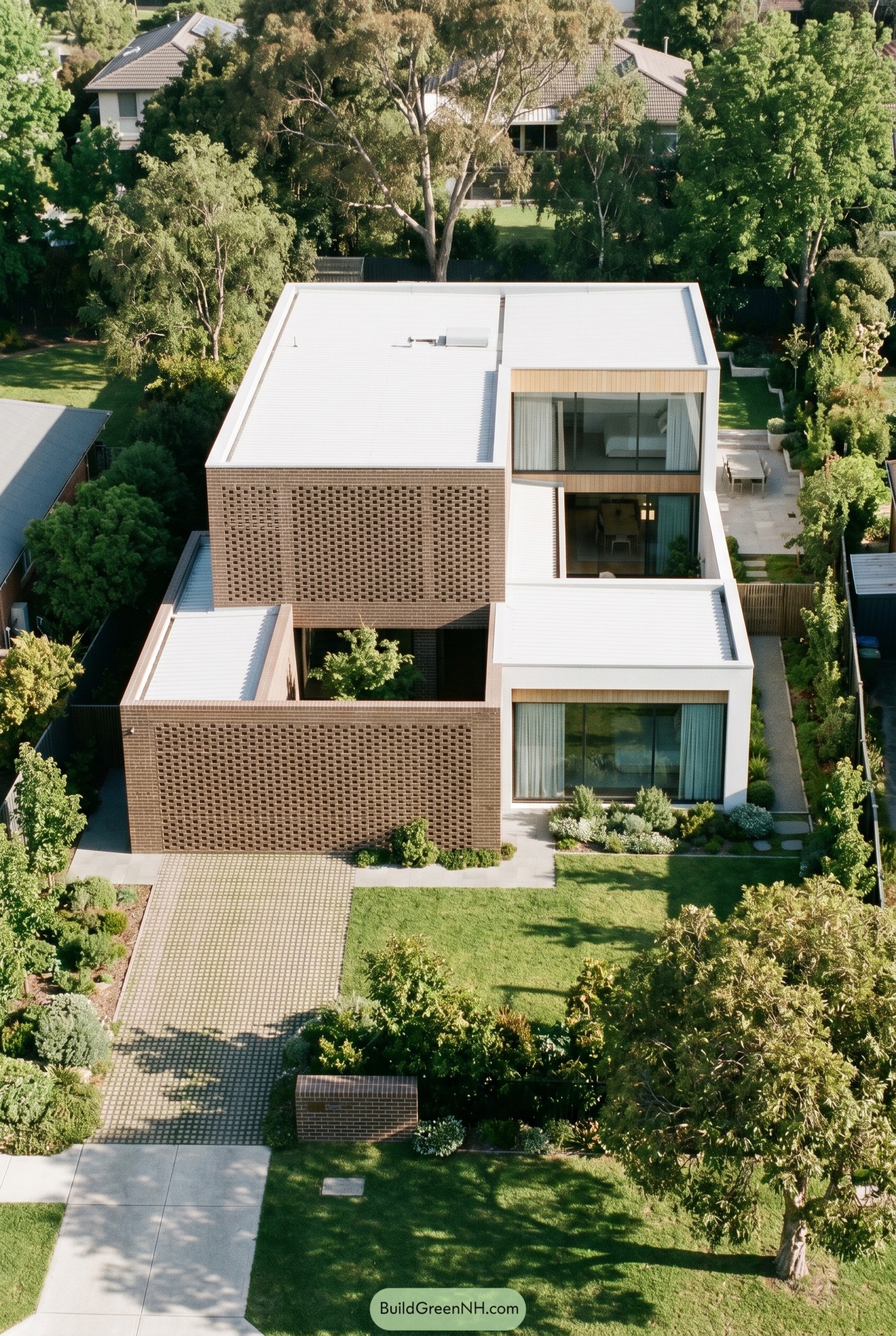 Aerial view of modern house with perforated brick screens