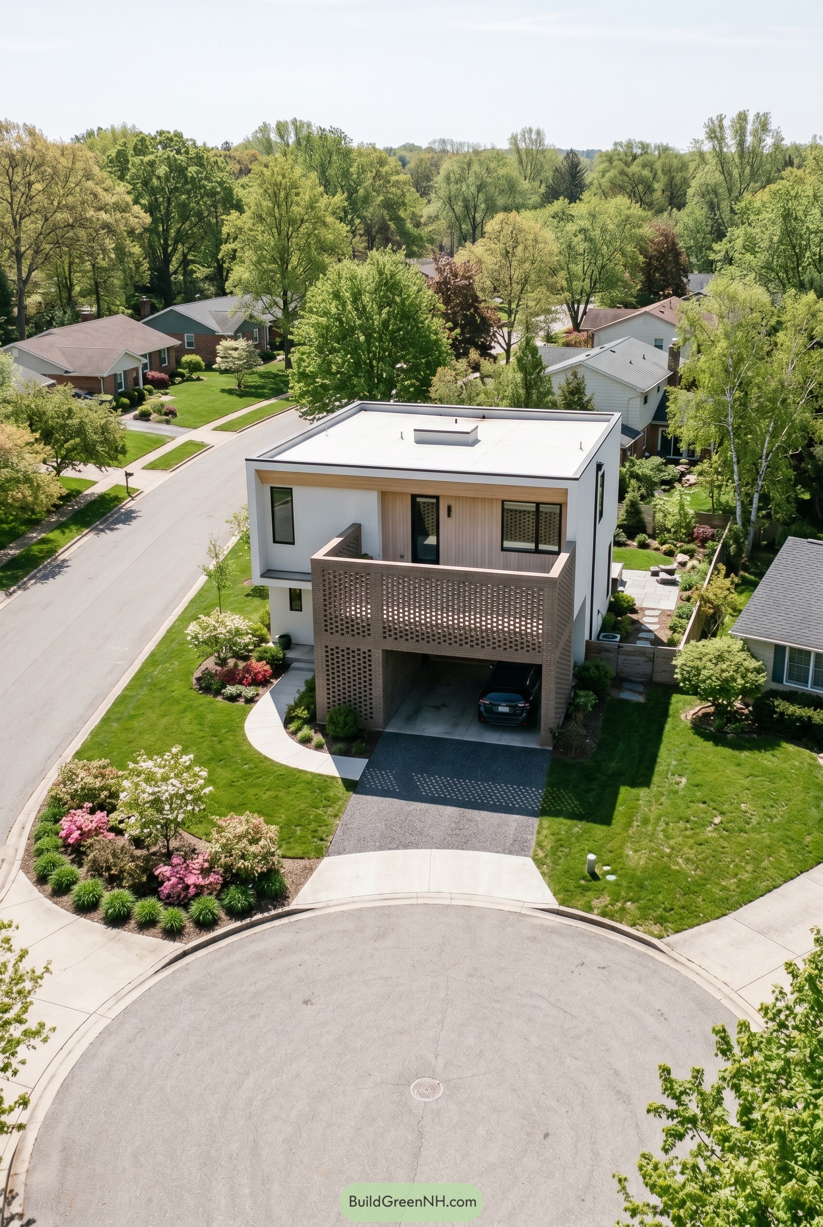 Modern white house with perforated brick carport screen