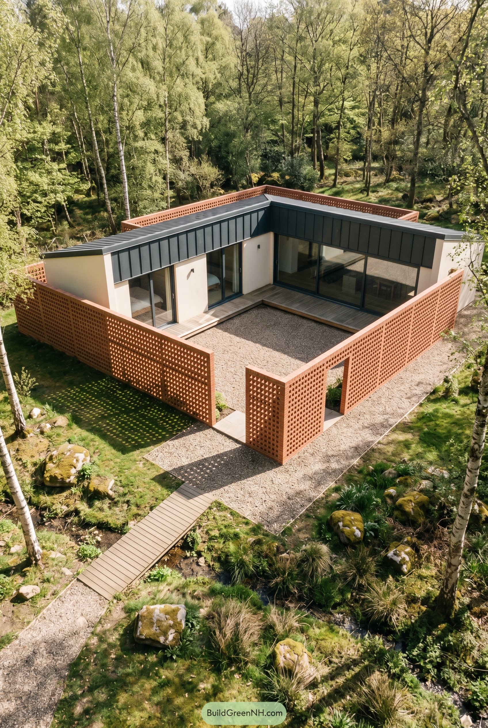 Modern courtyard house enclosed by perforated brick walls in woodland