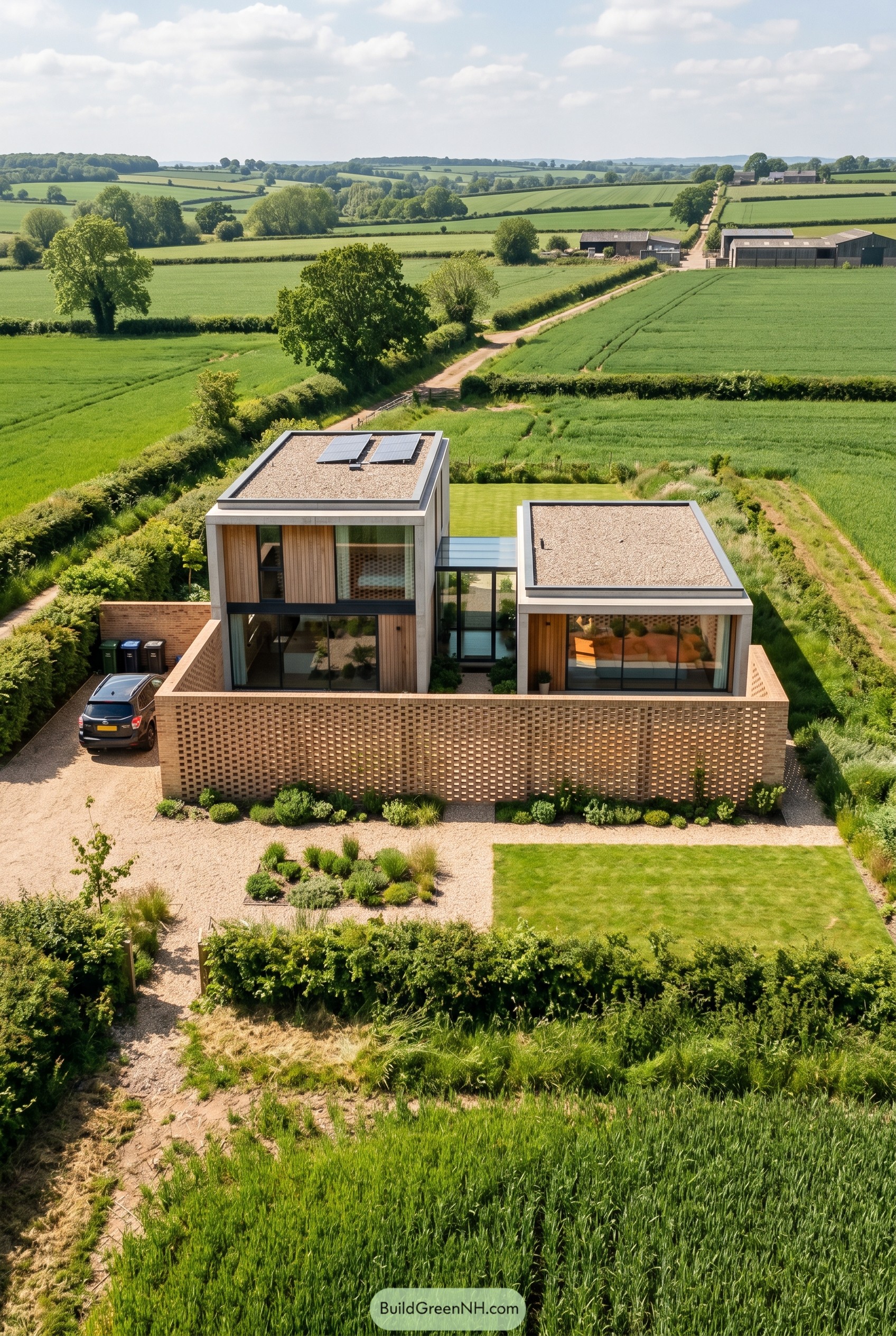 Modern house behind a perforated brick courtyard wall
