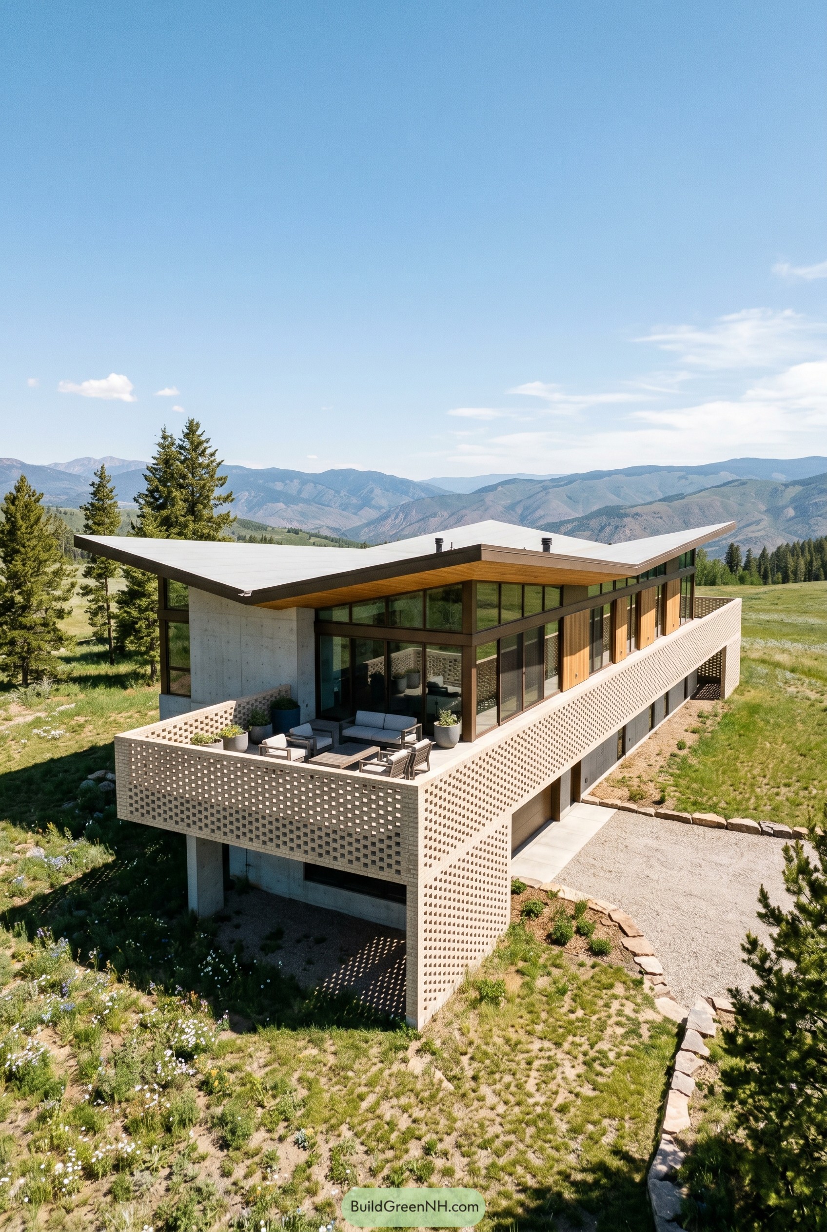 Modern mountain house with perforated brick terrace wall