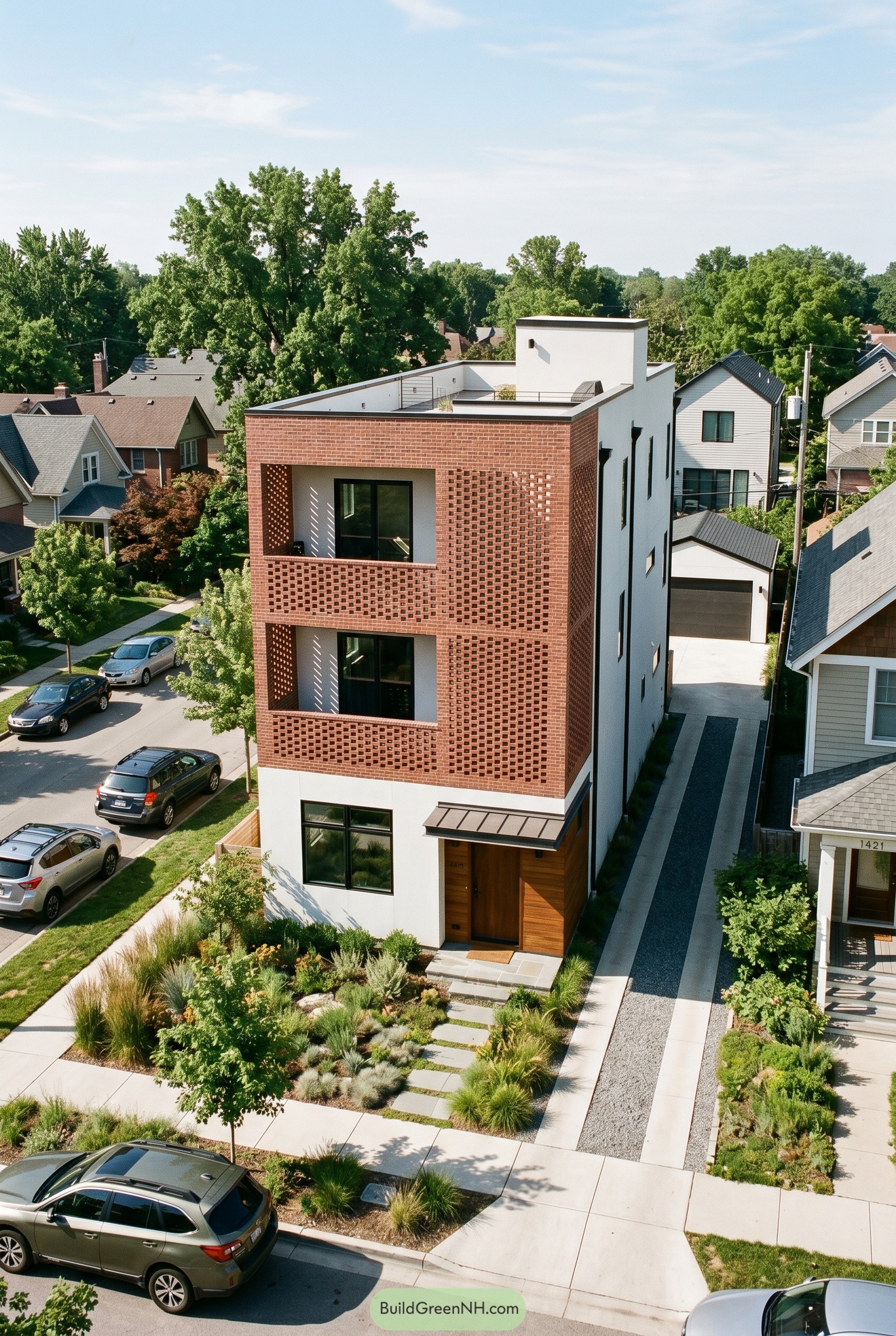 Modern narrow house with perforated brick facade