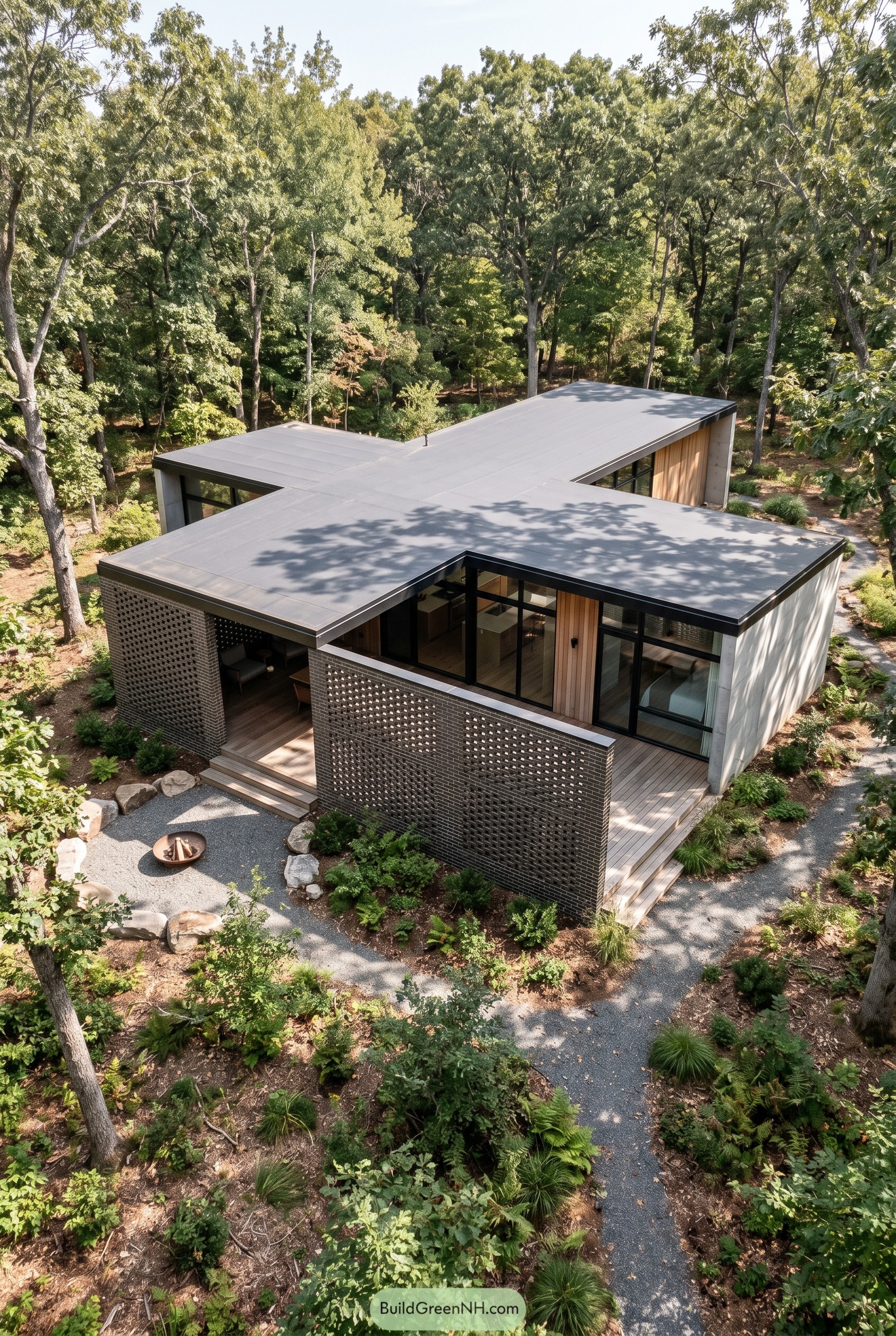 Modern woodland house with perforated brick screens