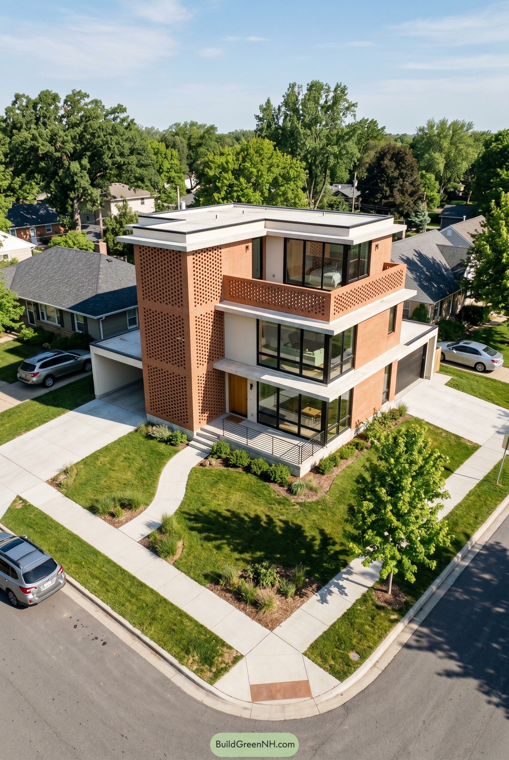 Three story modern brick house with perforated screen walls