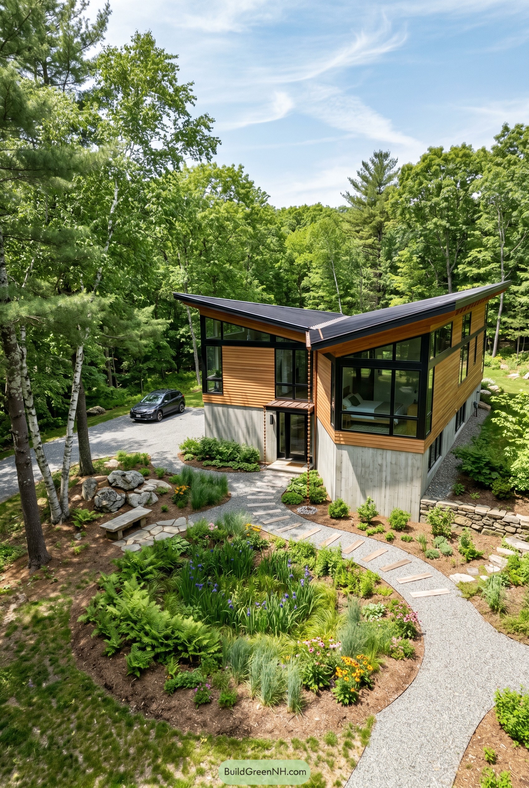 Modern cedar house with butterfly roof and rain garden