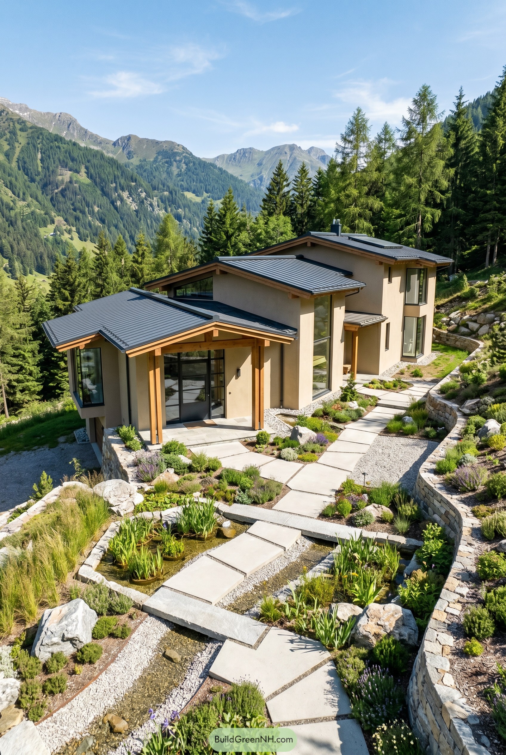 Modern hillside house with stepping stones over a narrow rain garden stream