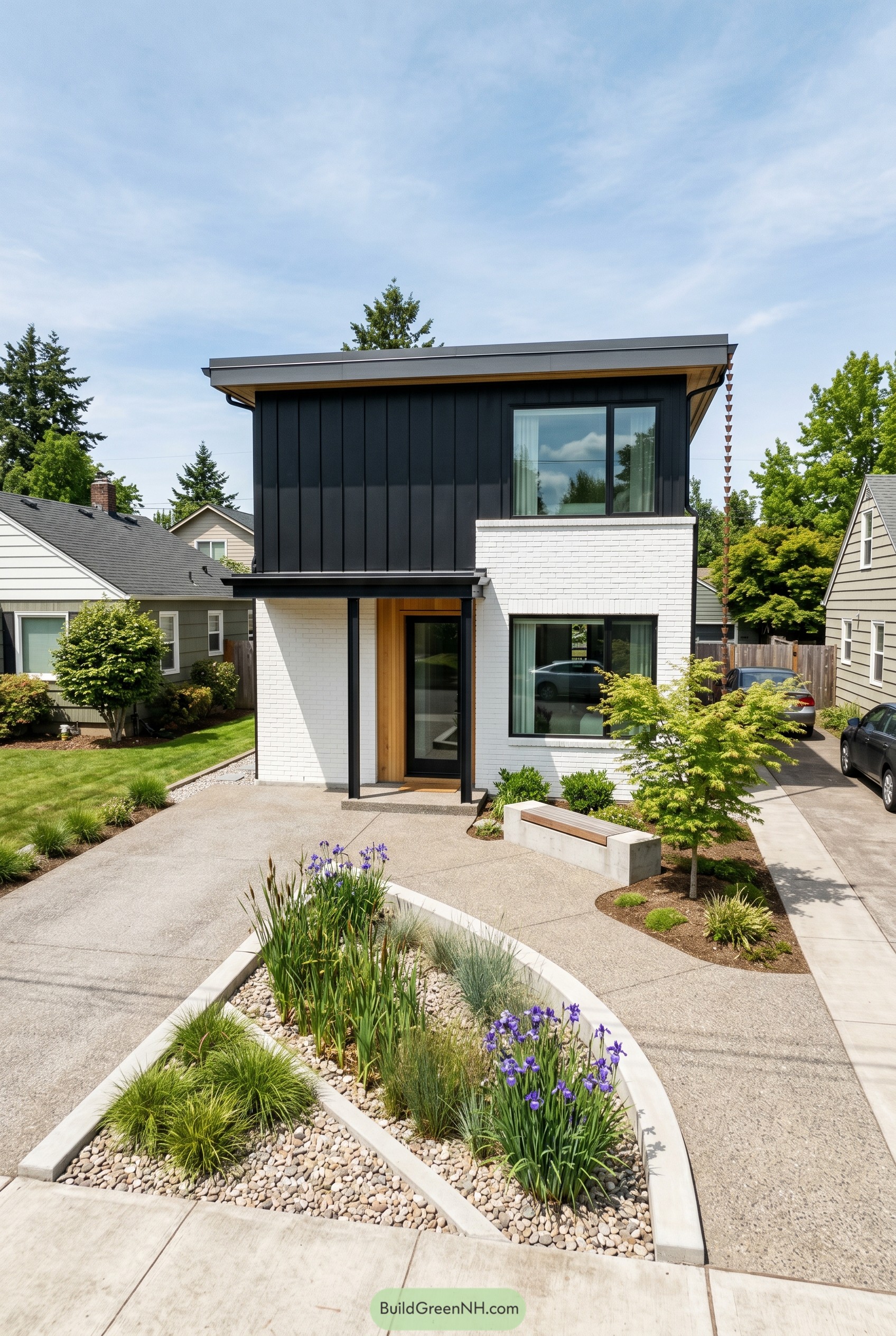 Black and white modern house with iris rain garden