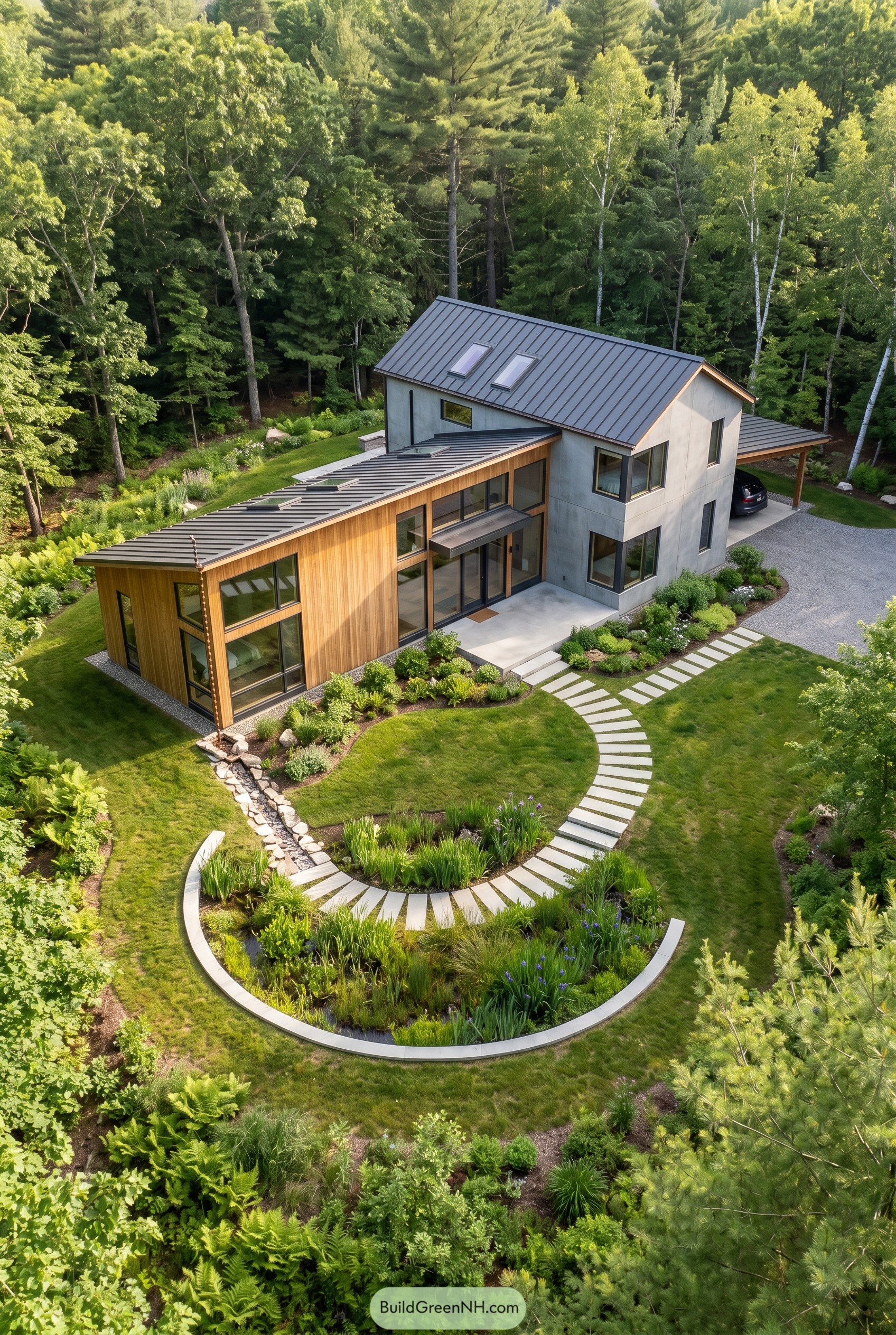 Modern woodland house with spiral rain garden