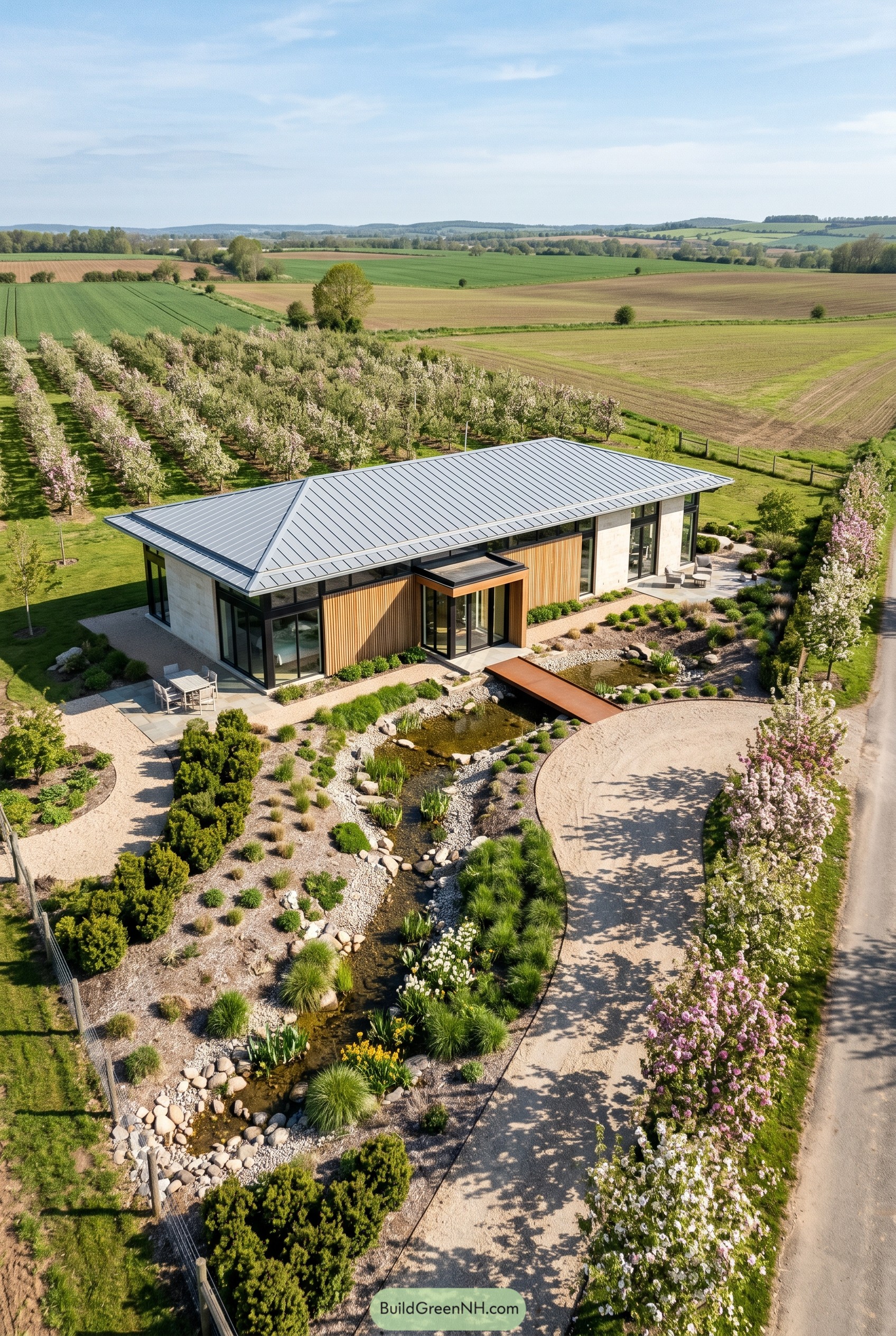Modern low house with curved rain stream and bridge