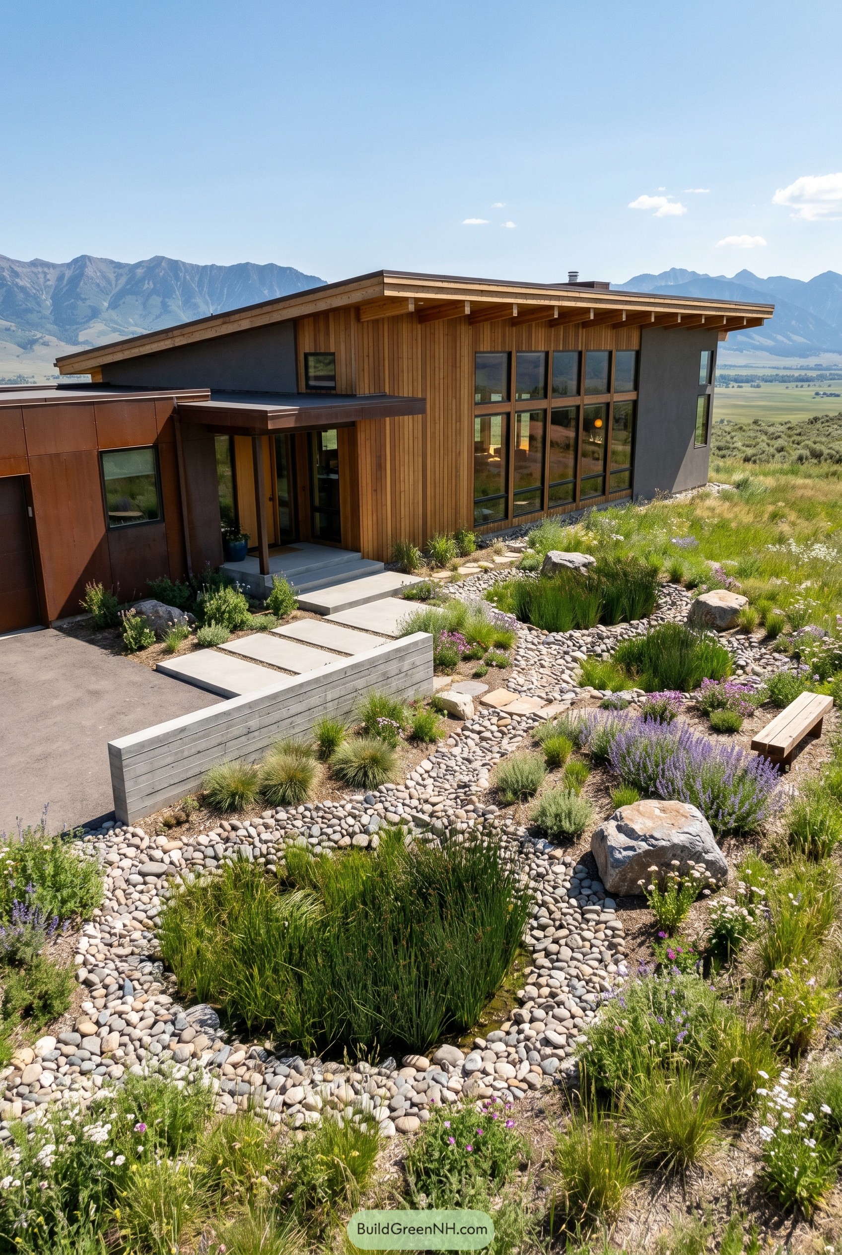 Modern hillside home with braided pebble rain garden