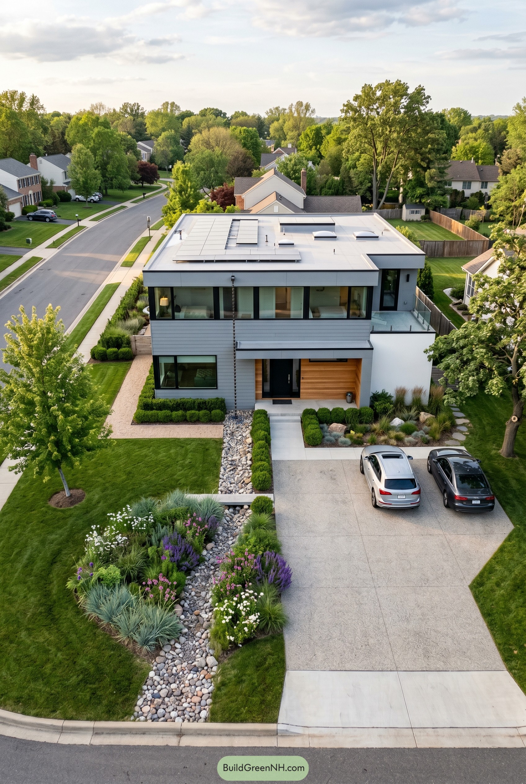 Two story modern home with straight rock lined rain garden