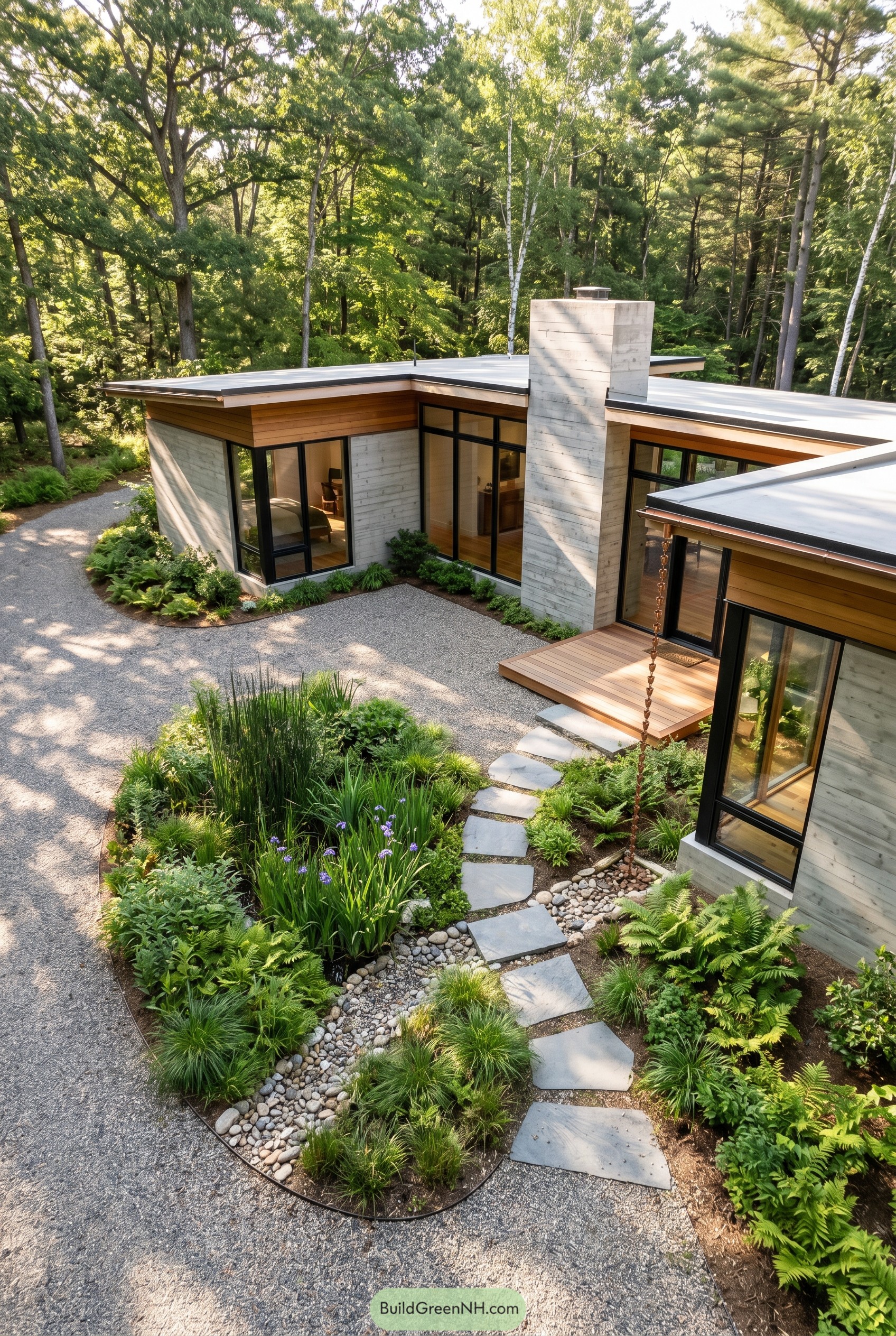 Low modern house with lush rain garden