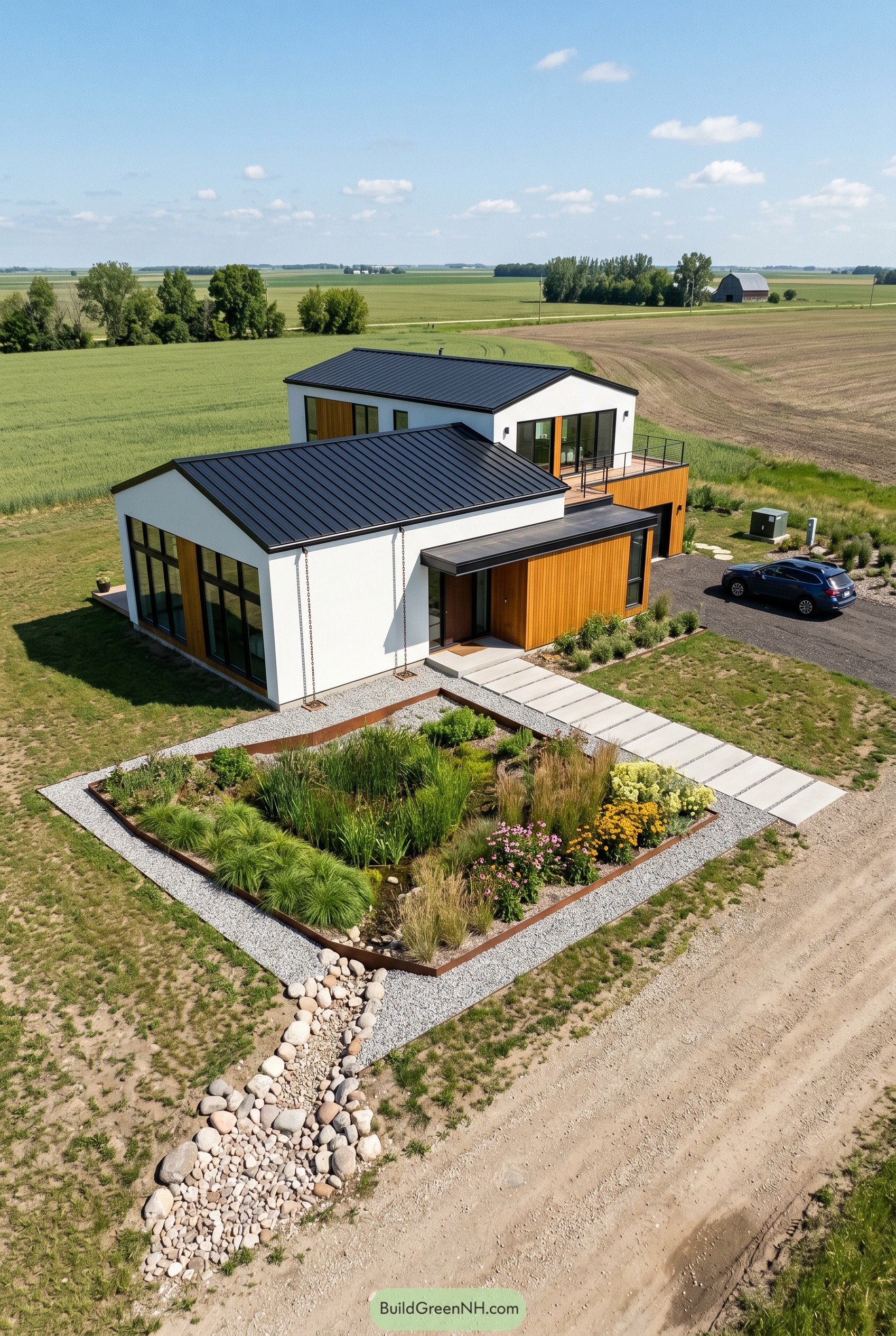 White gabled home with geometric rain garden