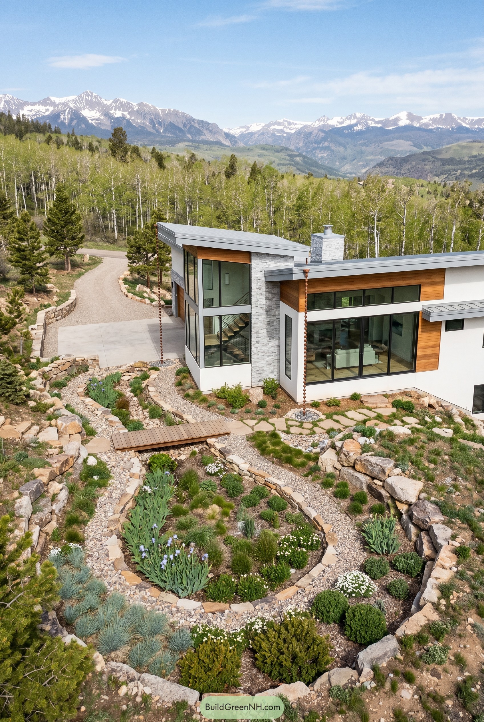 Modern hillside home with switchback rain garden
