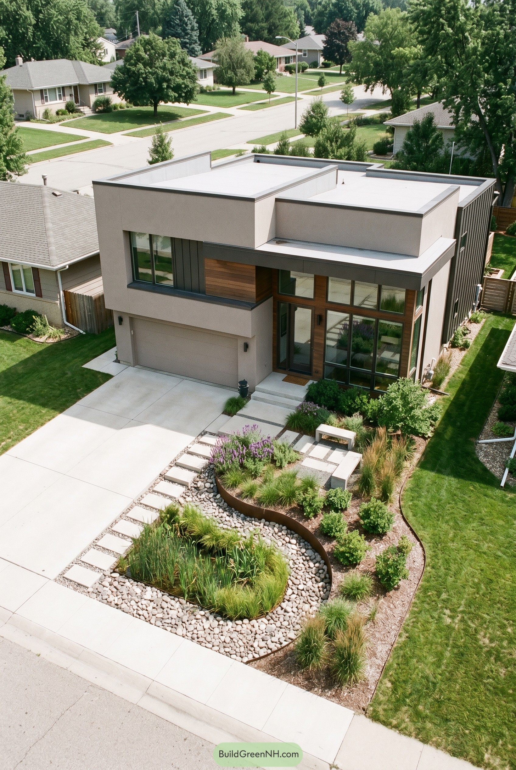 Modern boxy home with curving rain garden