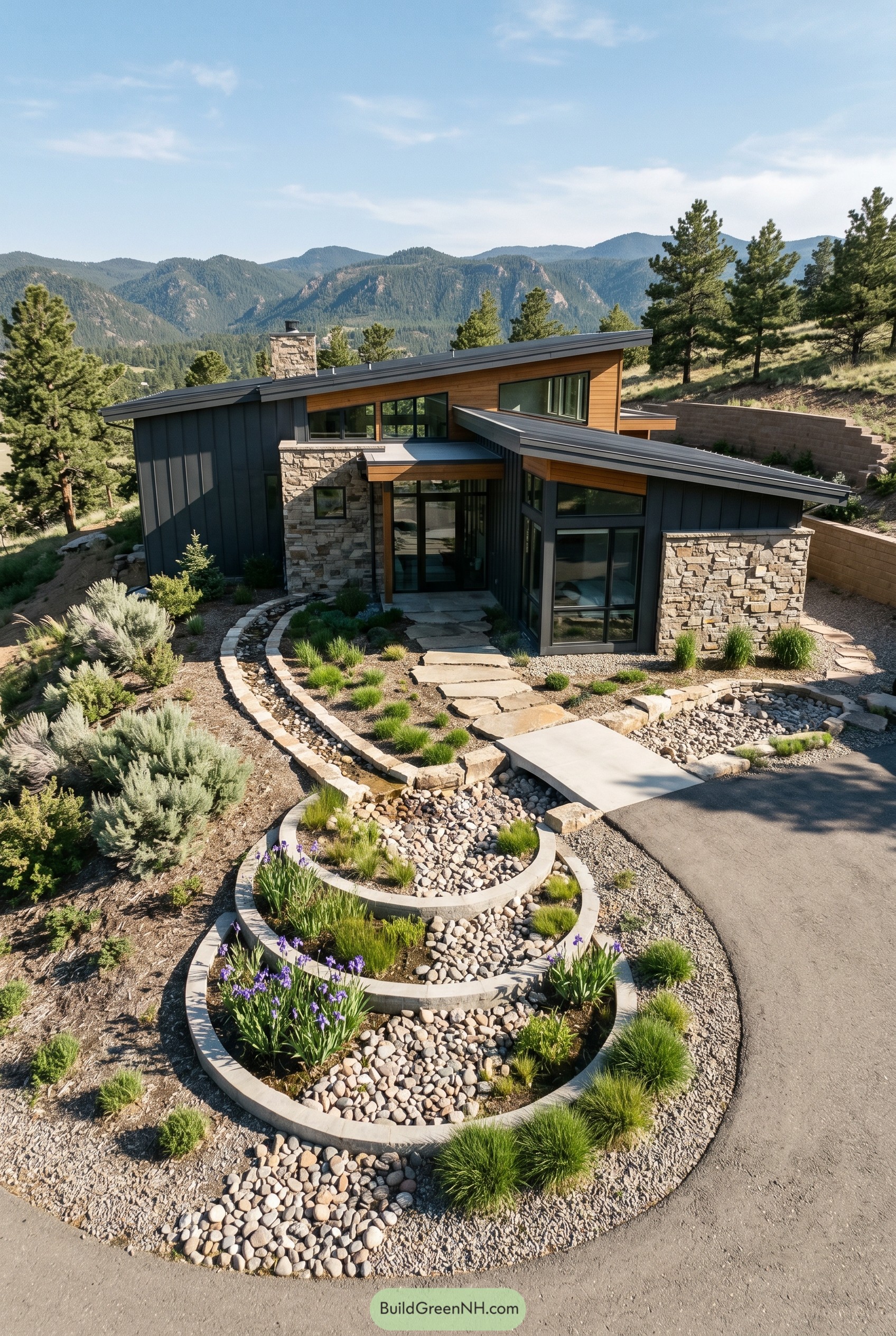 Mountain modern house with tiered rock rain garden