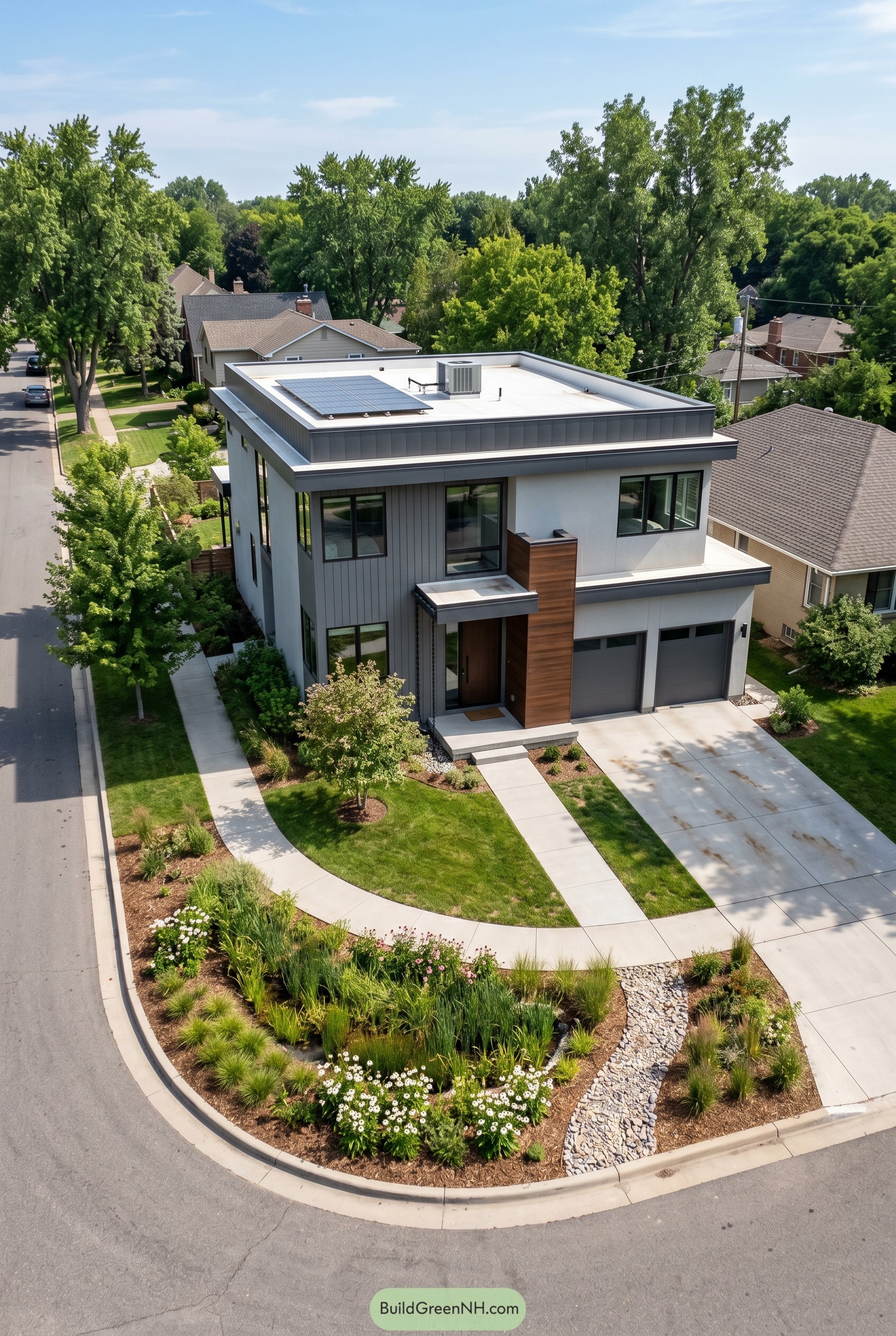 Boxy modern home with corner rain garden