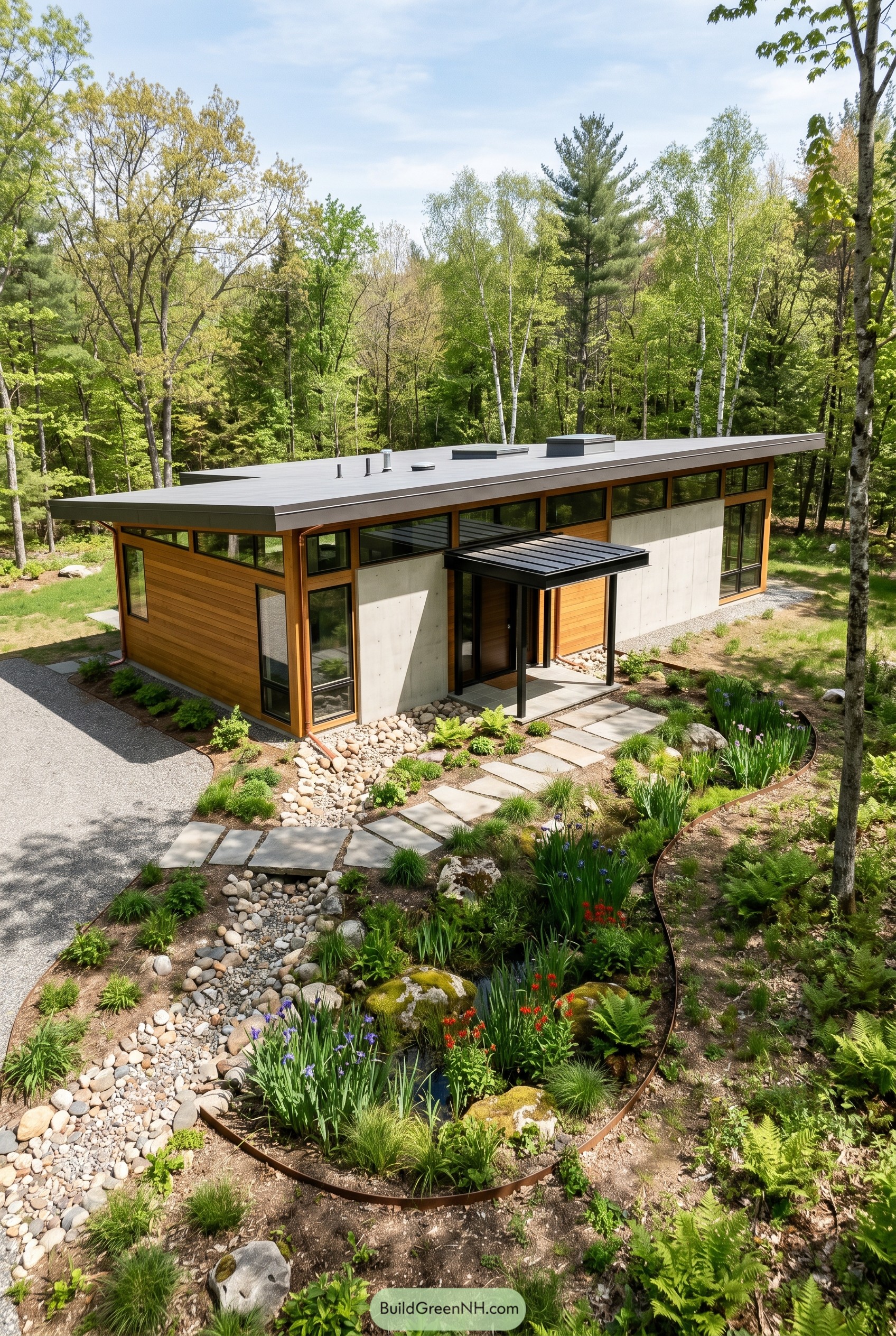 Modern woodland house with stone rain garden
