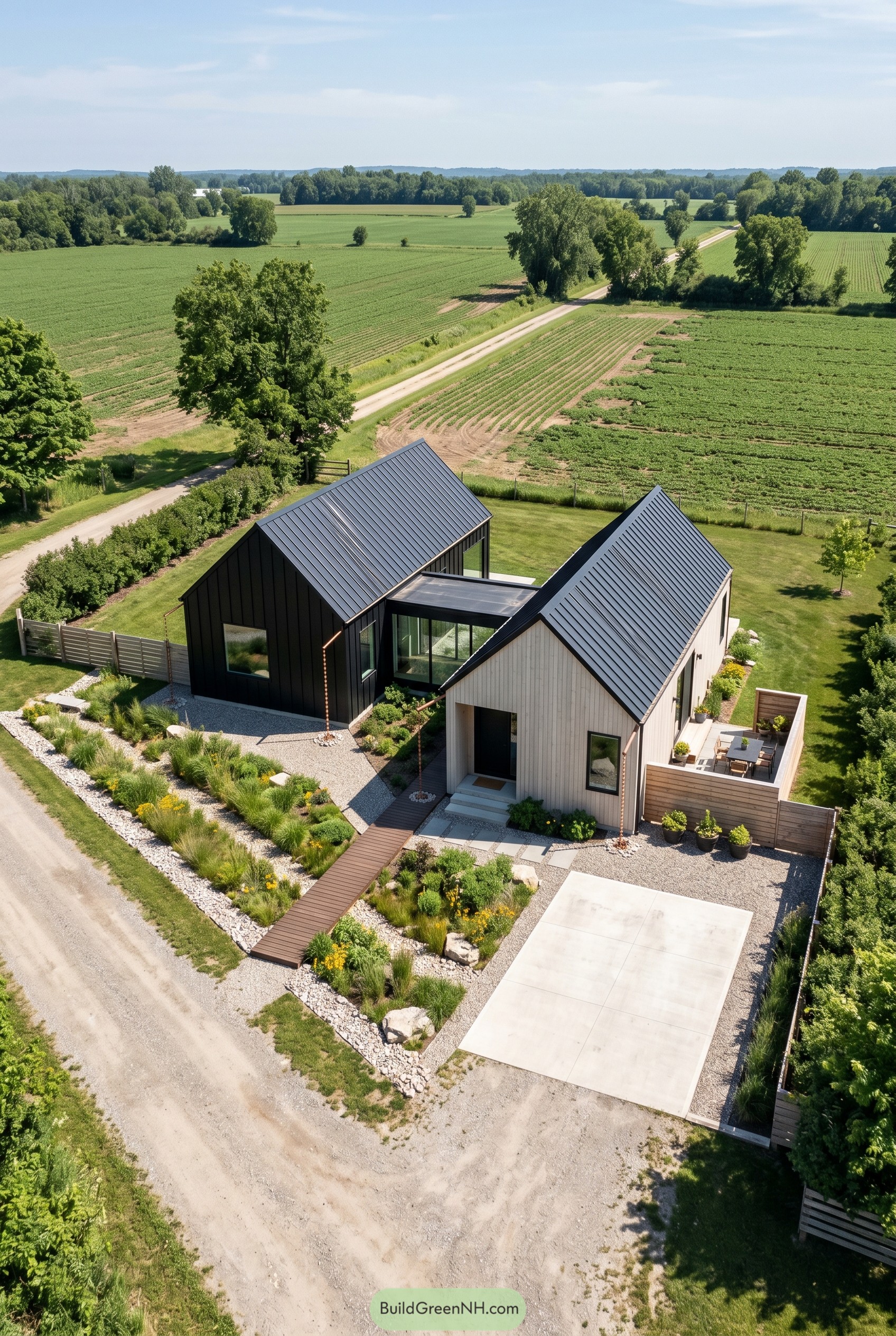 Modern twin gable house with front rain garden