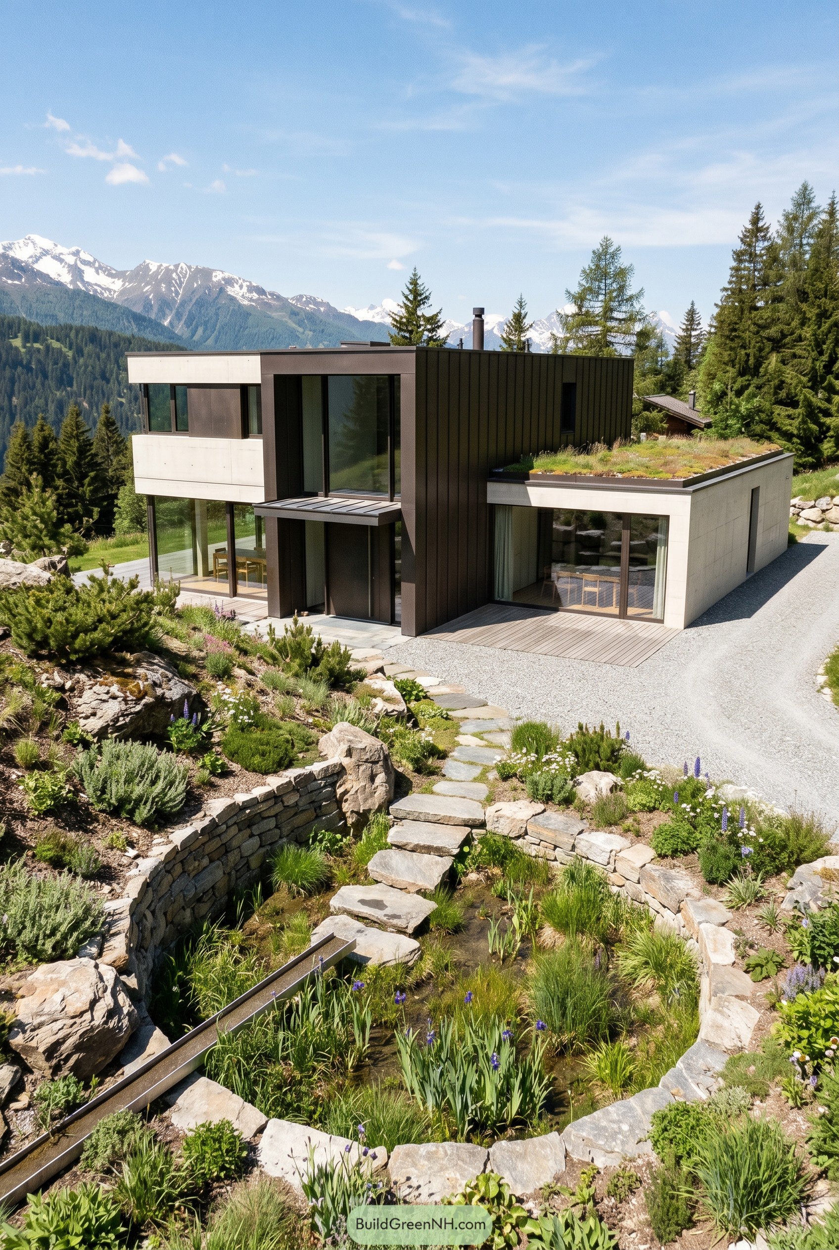 Modern alpine home with stone rain garden
