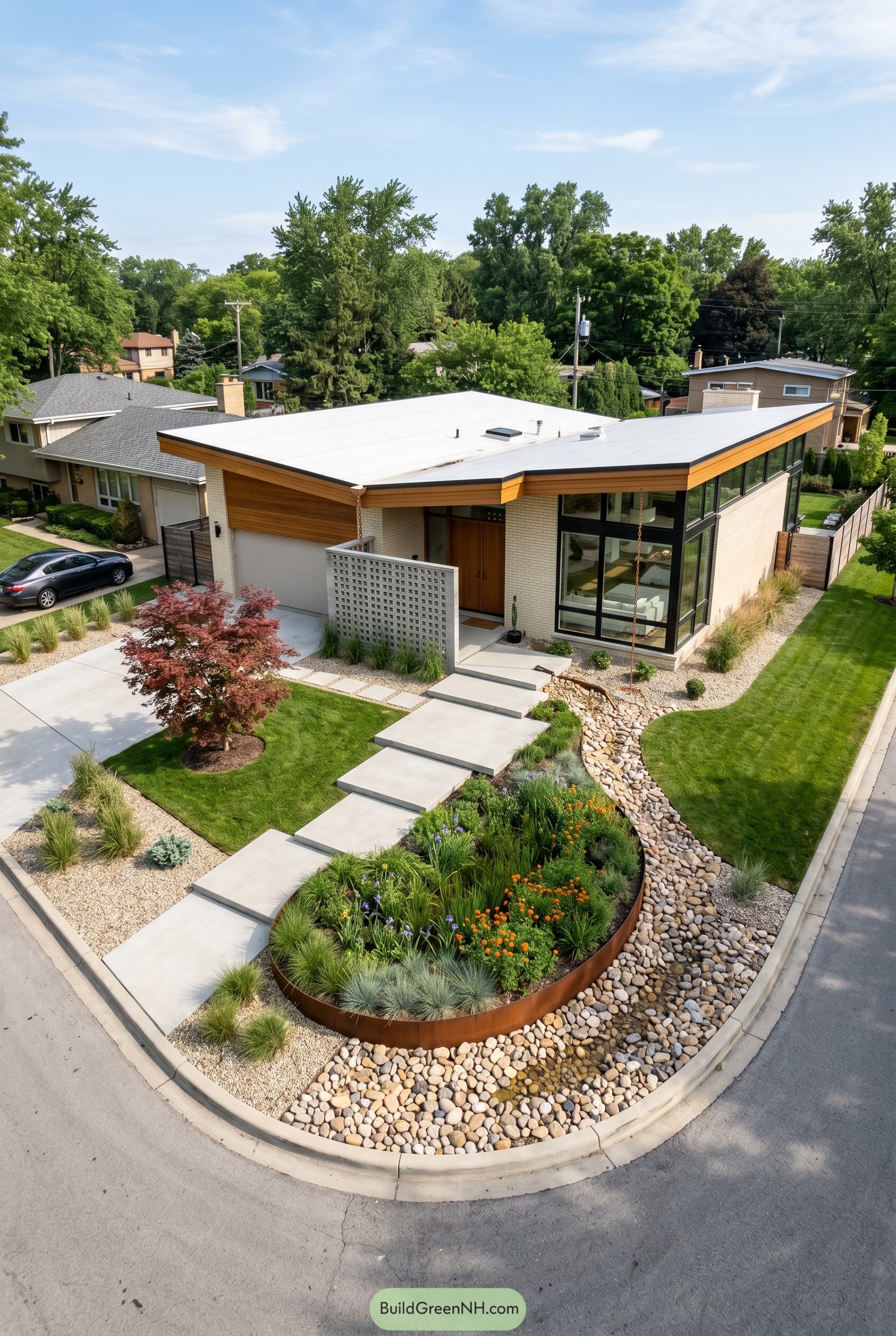 Modern house with pebble run rain garden