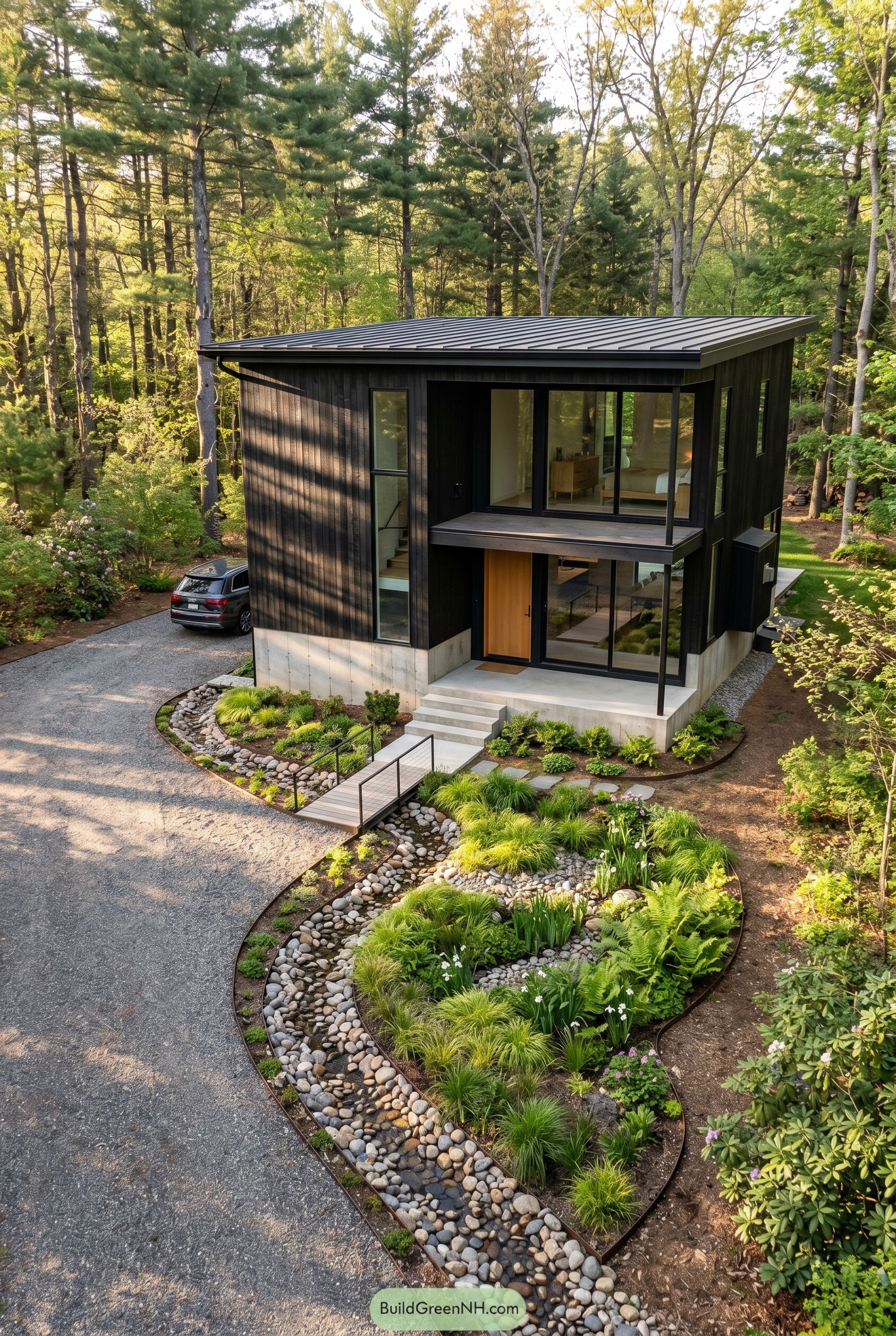 Black modern house with curving stone rain garden