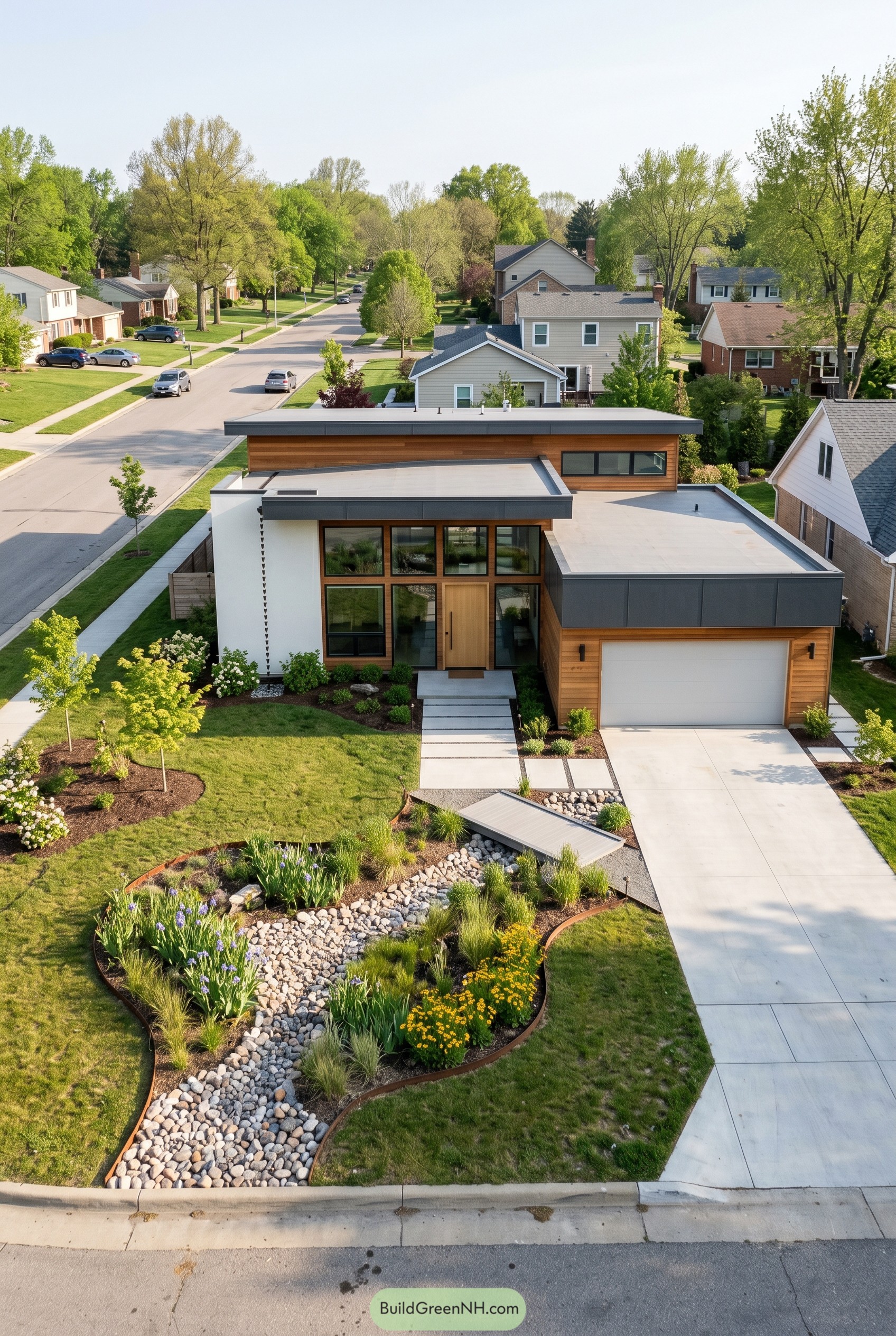 Modern flat roof house with front rain garden