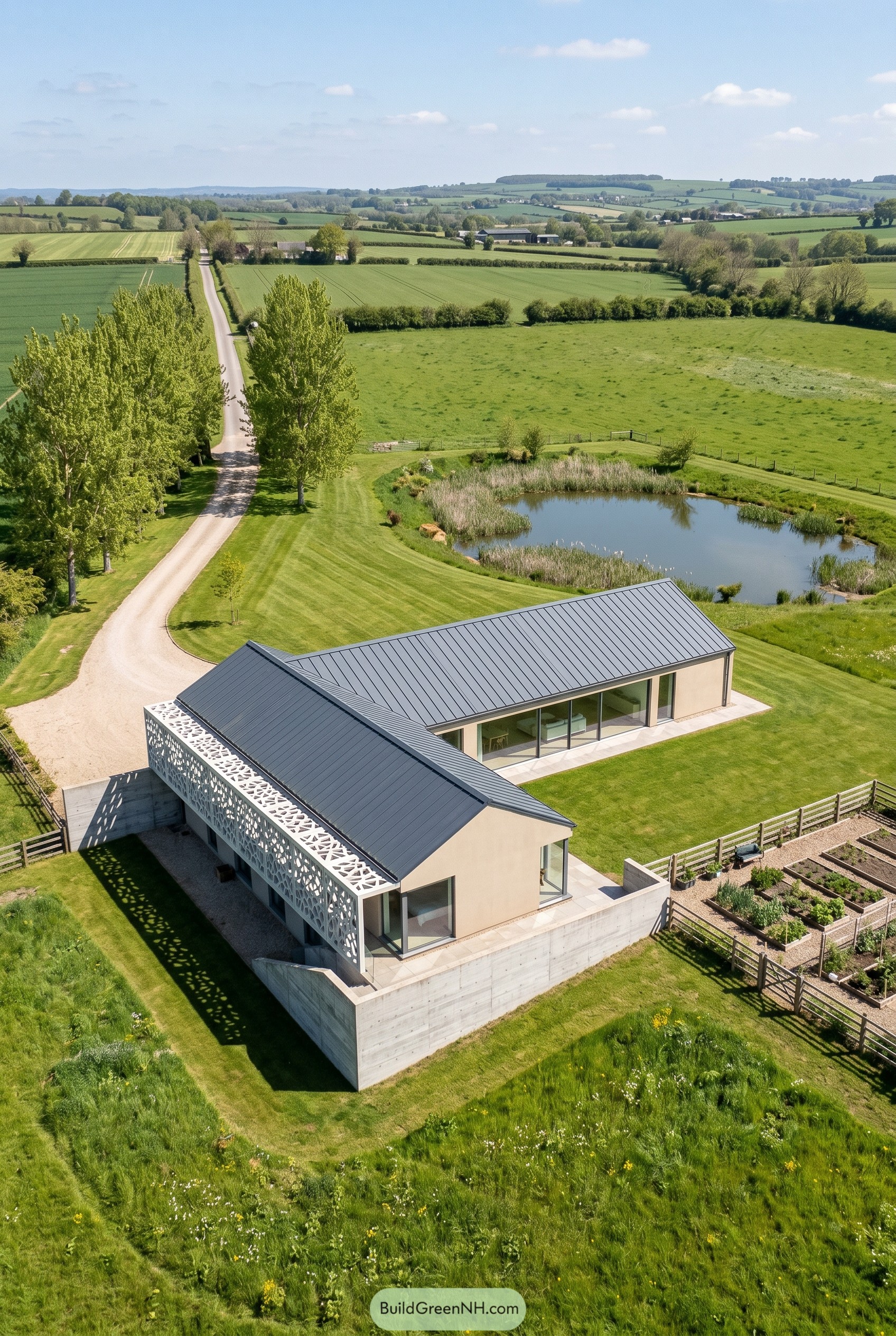 Modern rural house with perforated screen by pond