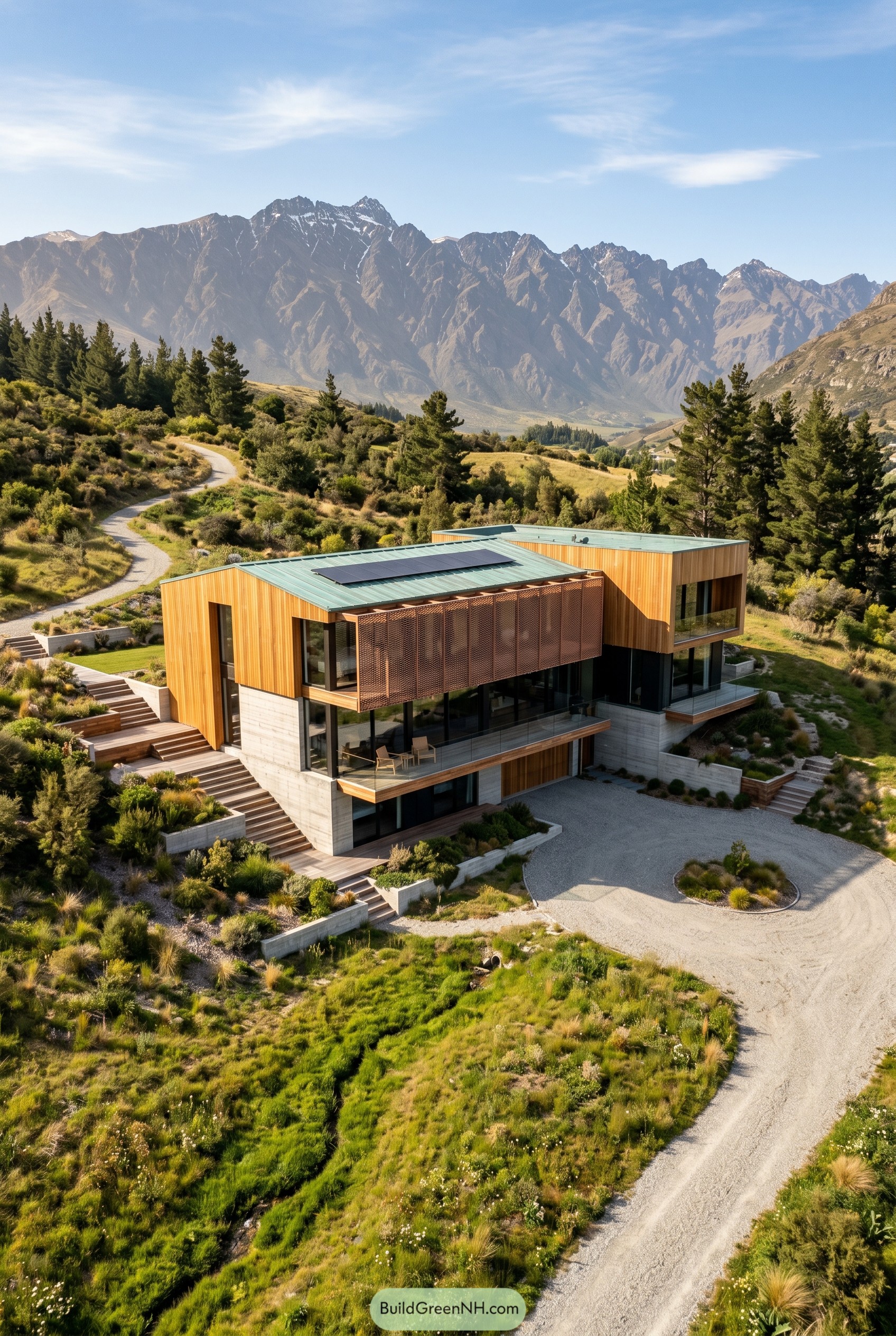 Modern timber hillside house with screened balcony