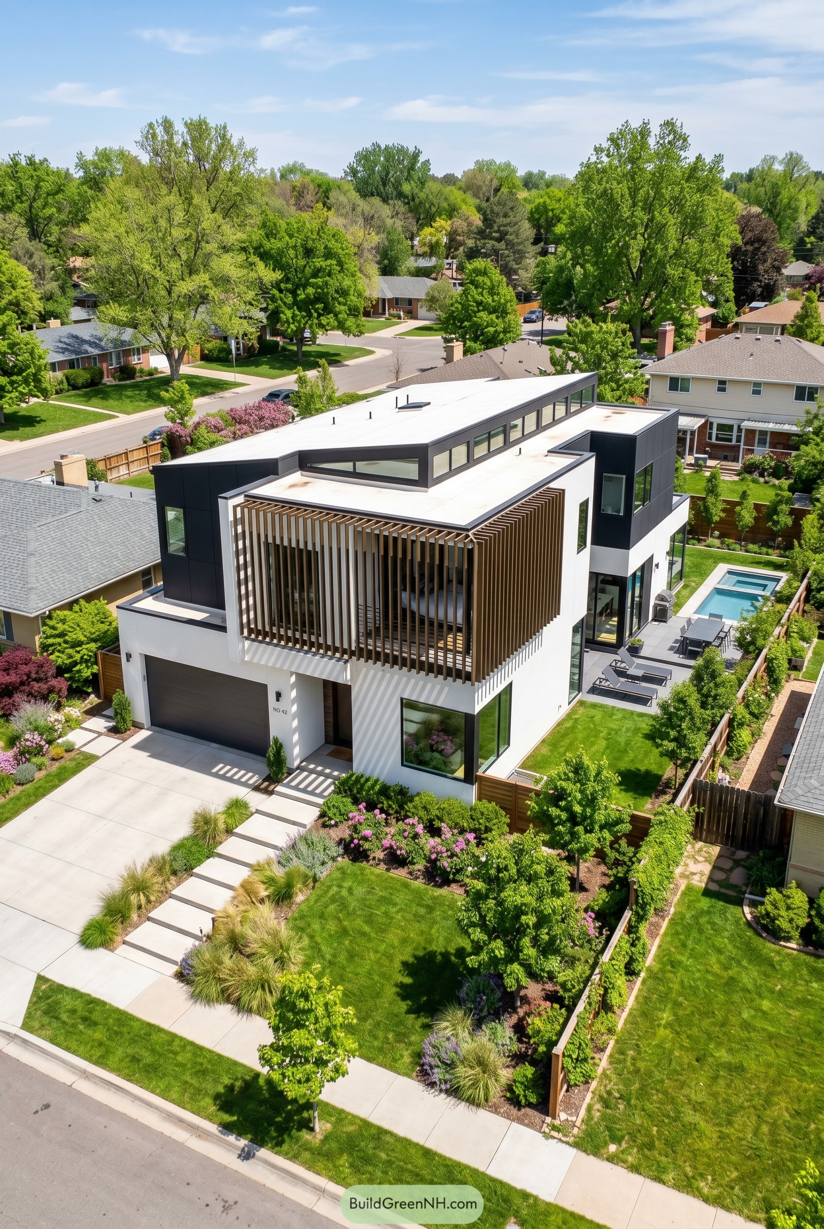Modern house with screened upper balcony