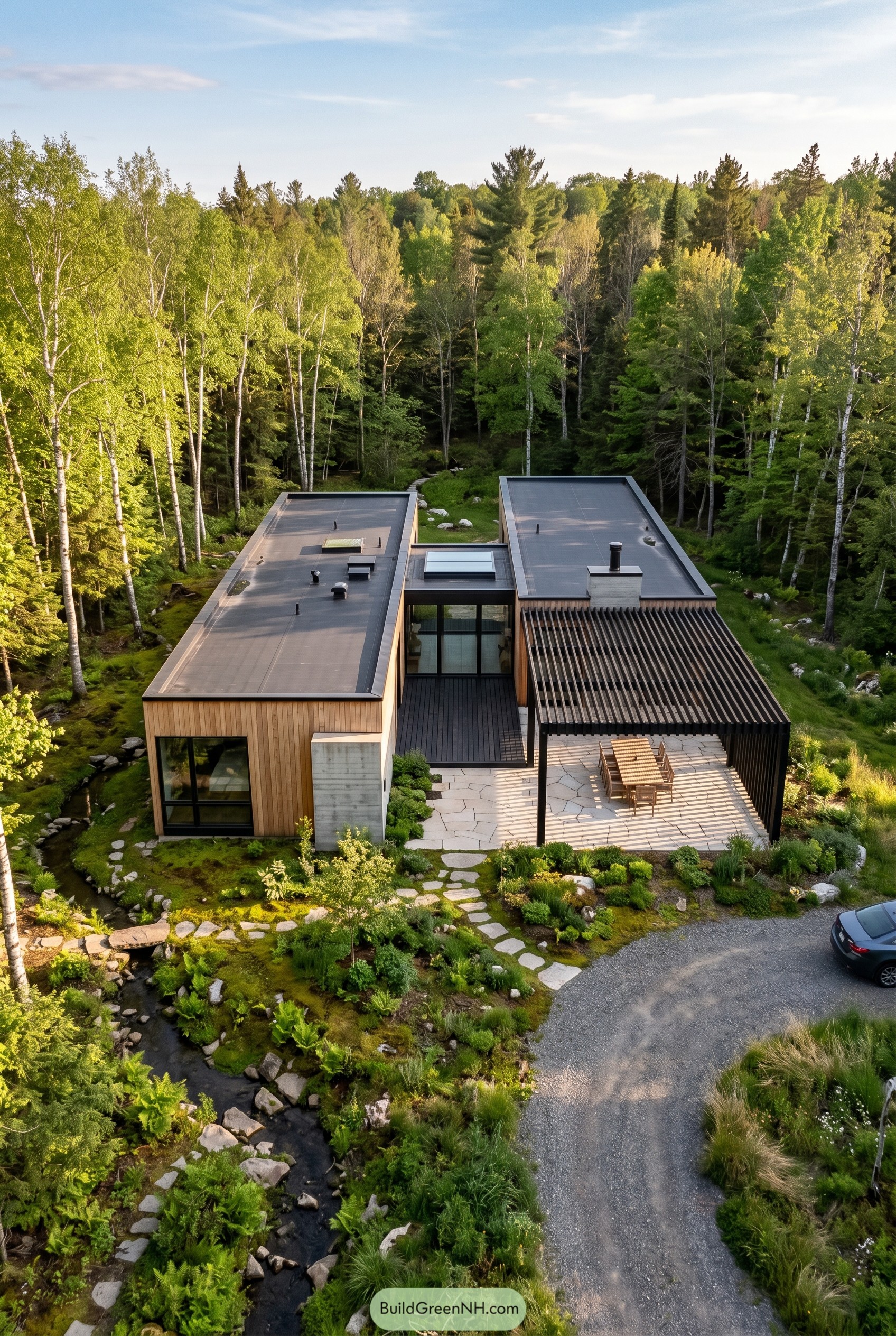 Modern timber house with slatted patio screen in forest