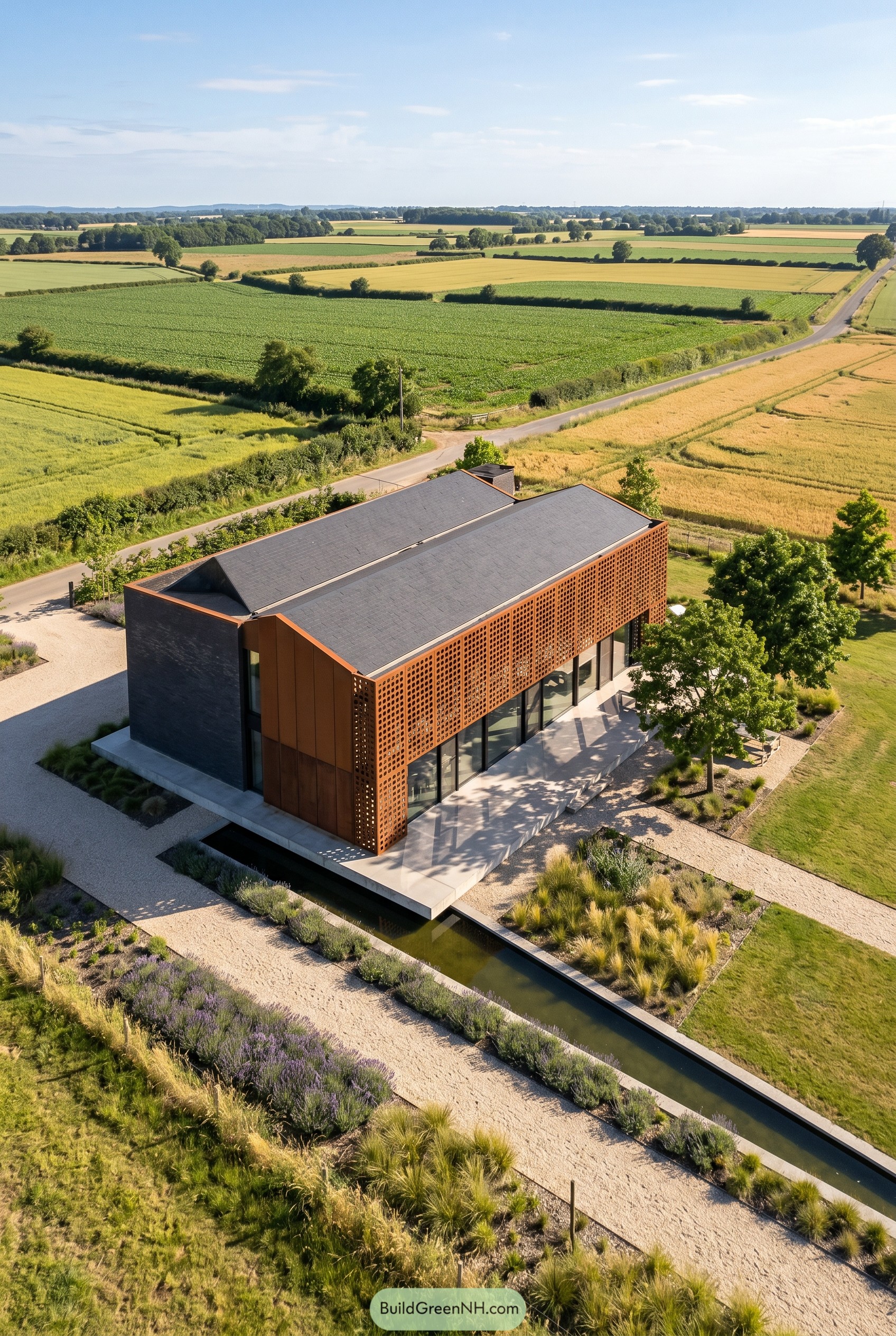 Modern rural house with perforated metal screen