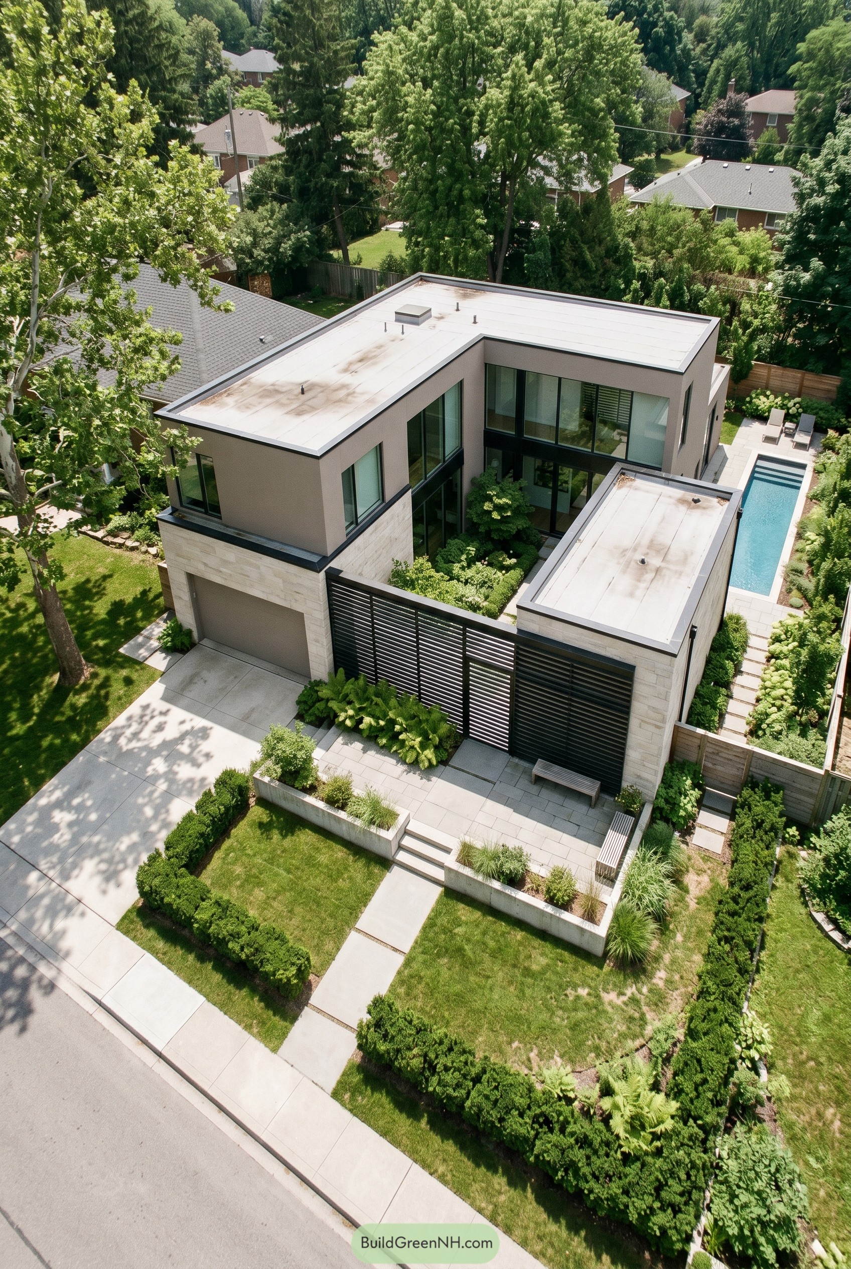 Modern courtyard home with slatted screen and side pool