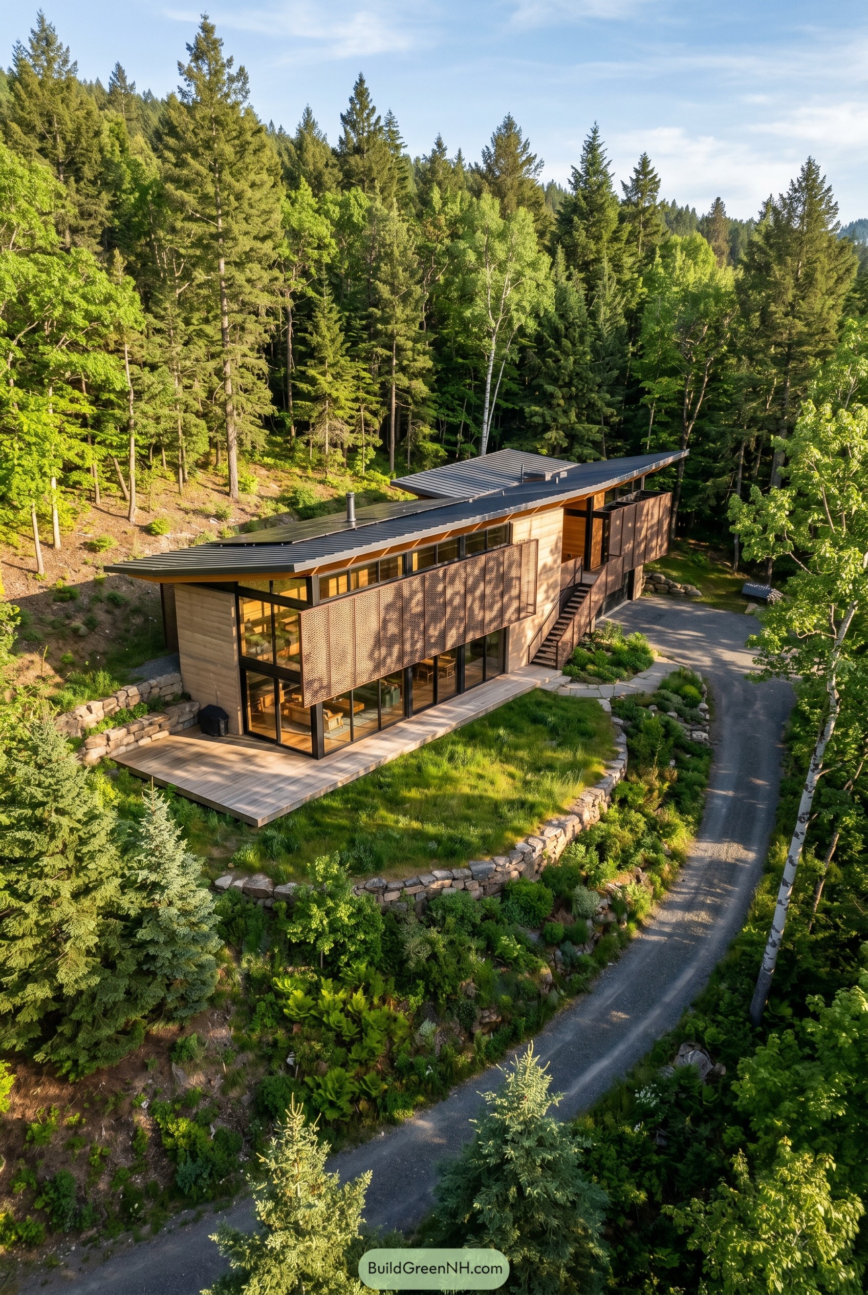 Modern hillside home with perforated facade screens