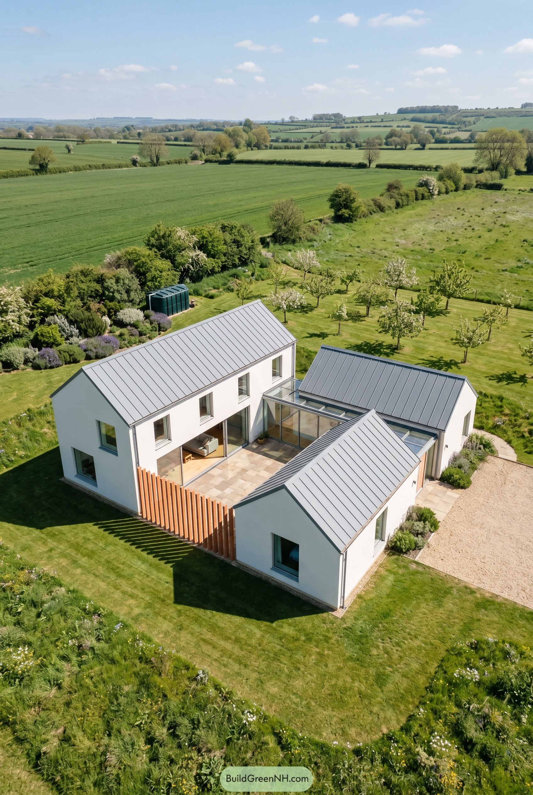 White courtyard farmhouse with timber slat screen