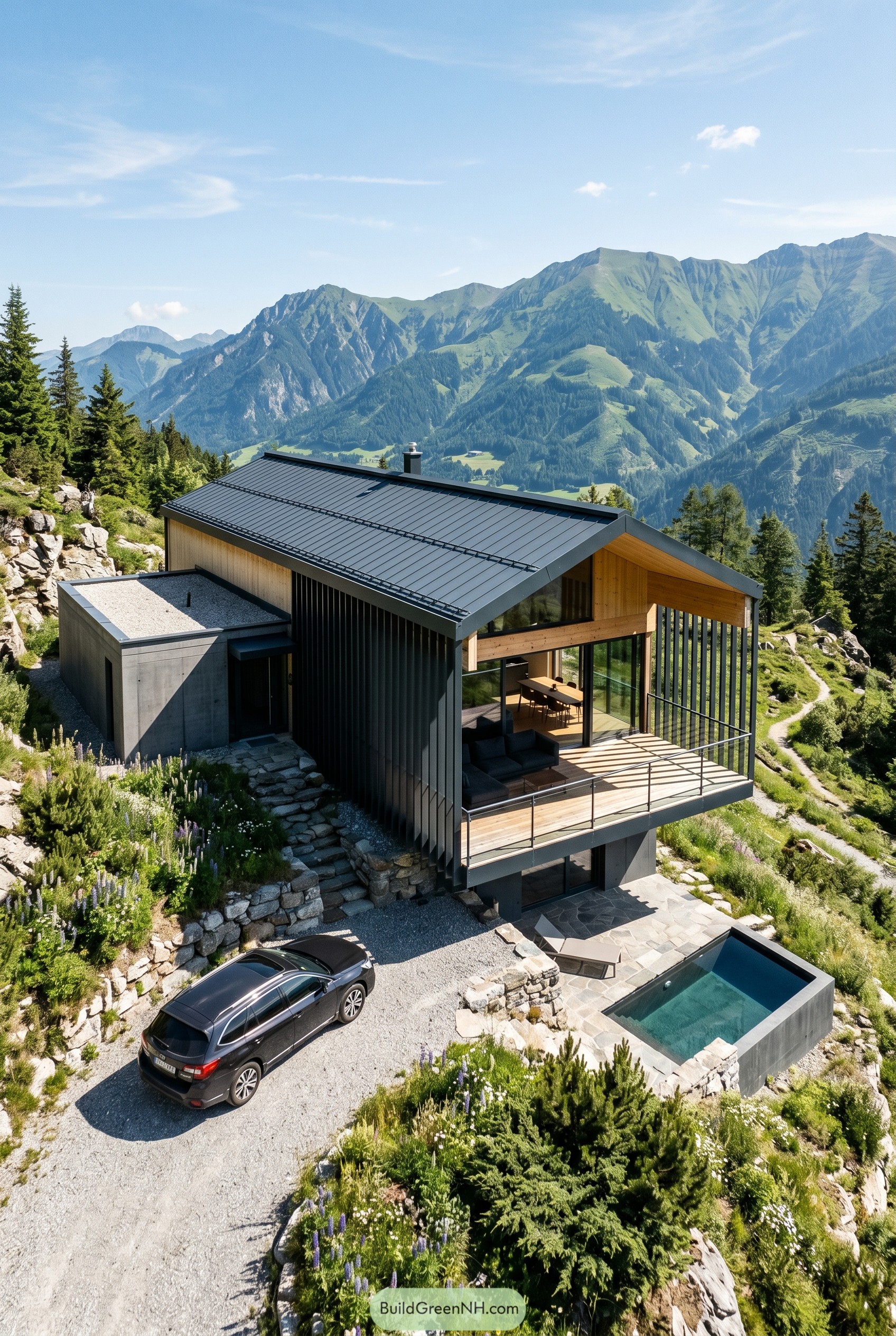 Modern mountainside house with slatted facade screen