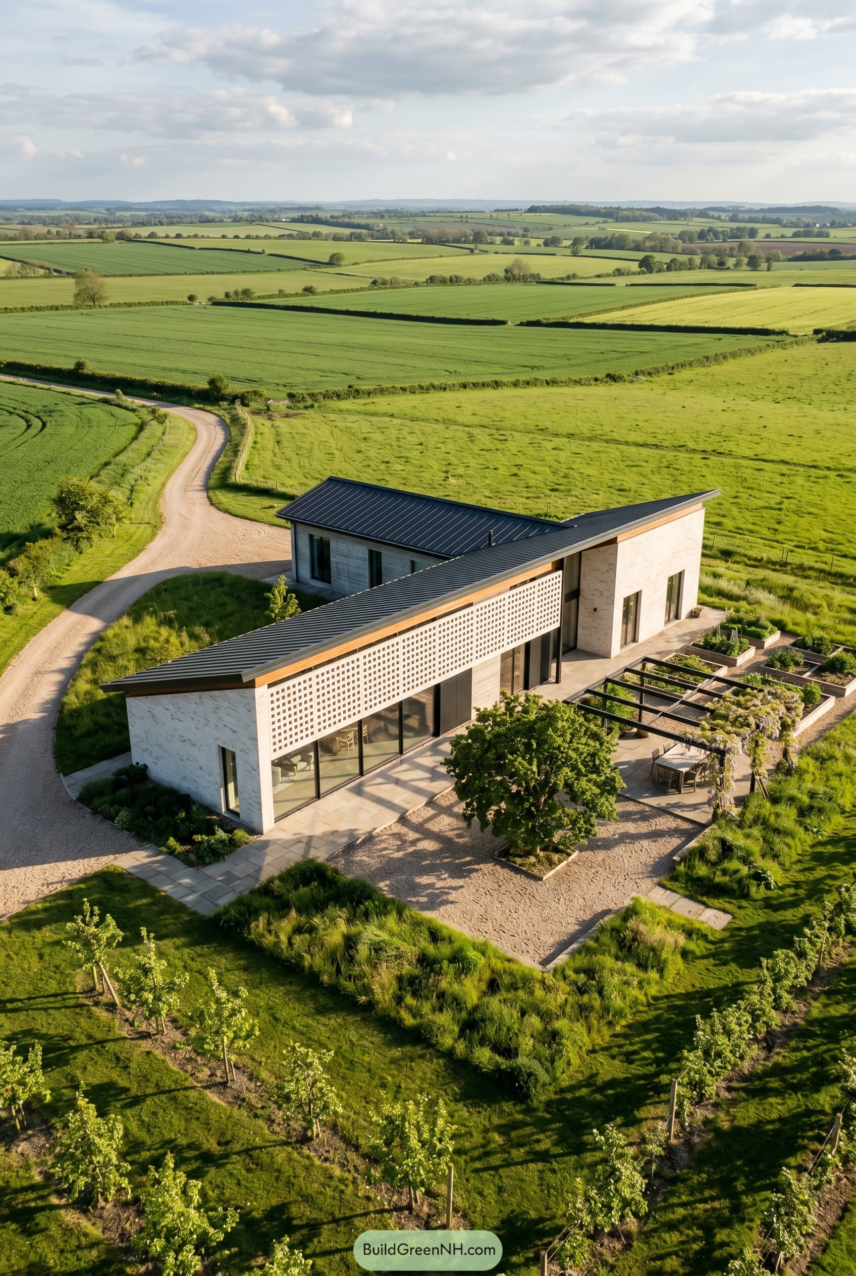 Modern country house with perforated facade screen