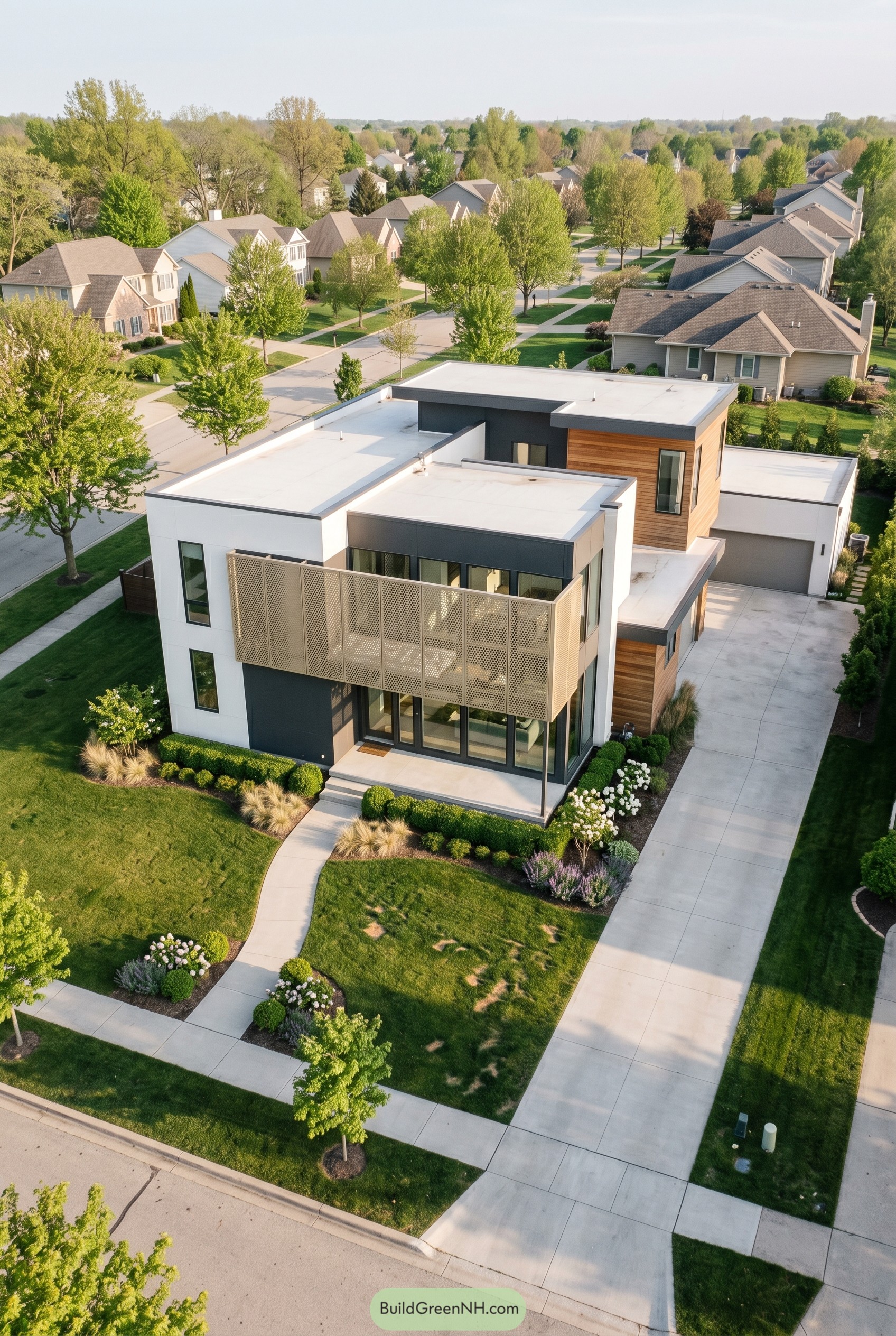 Modern flat roof house with perforated balcony screen