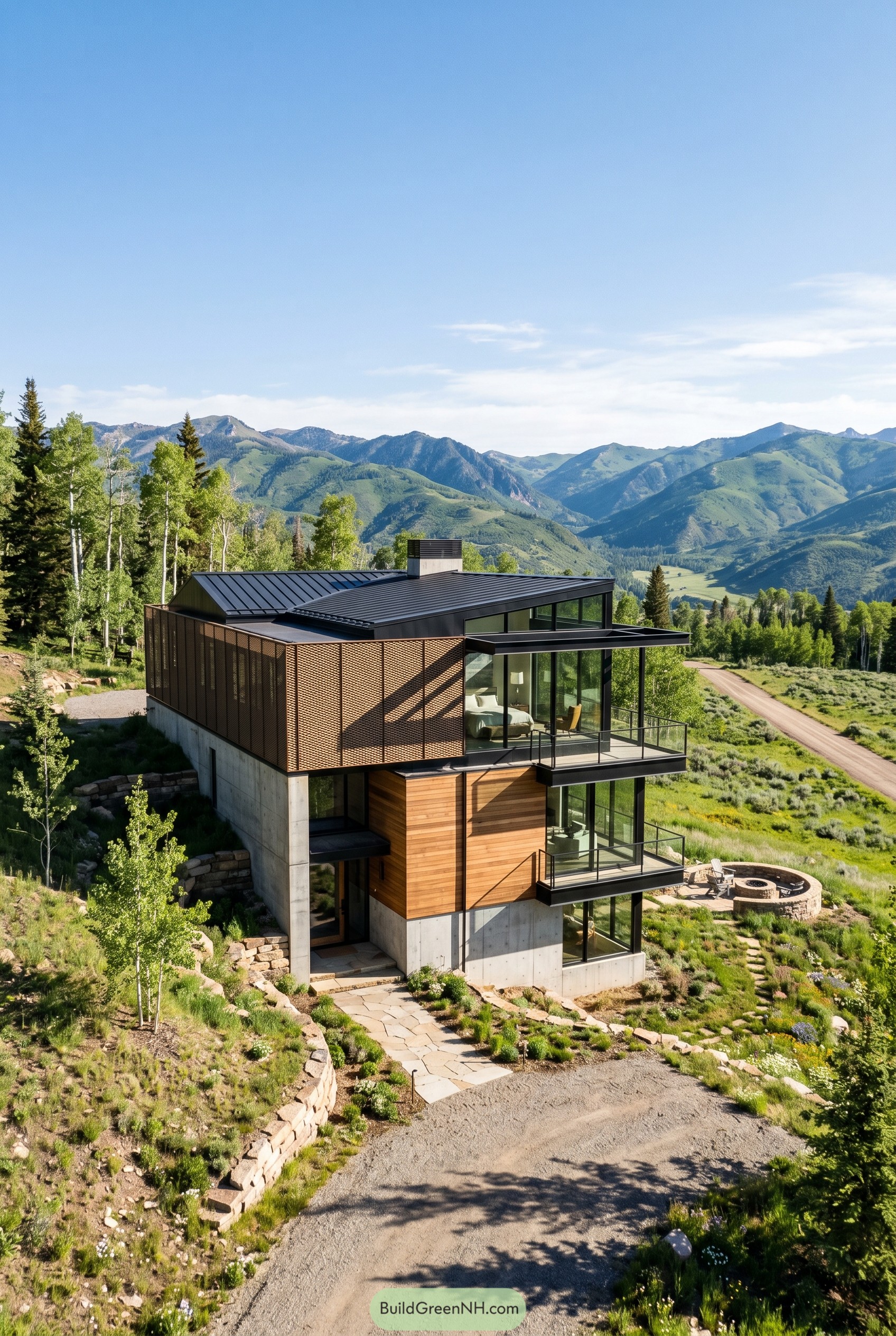 Modern mountain home with screened upper facade