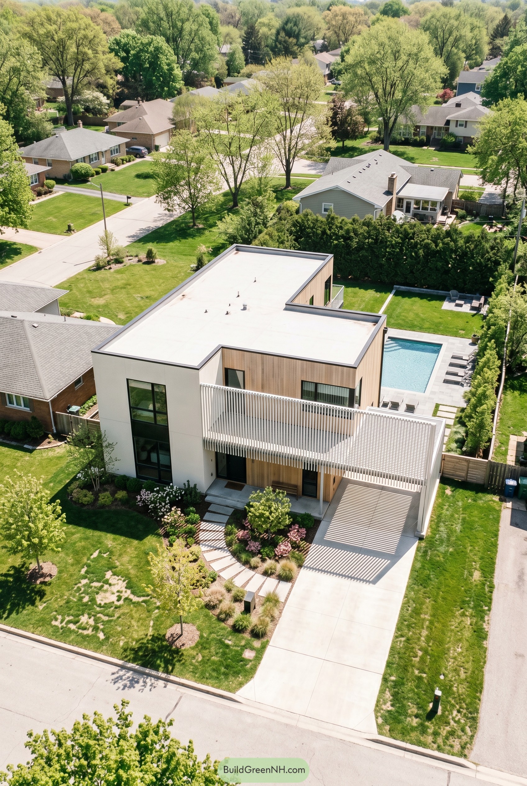 Modern flat roof house with slatted screen carport and pool