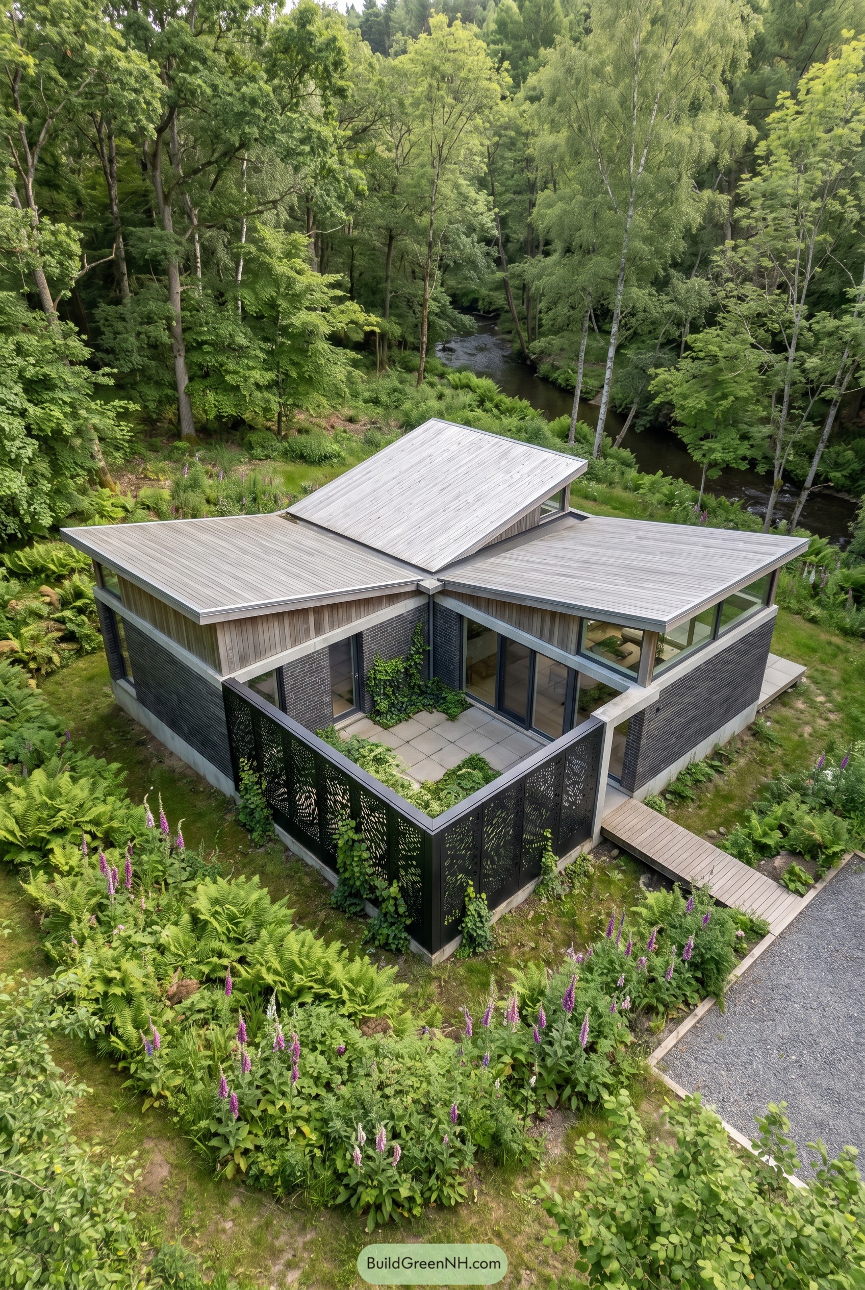 Modern woodland house with perforated courtyard screen