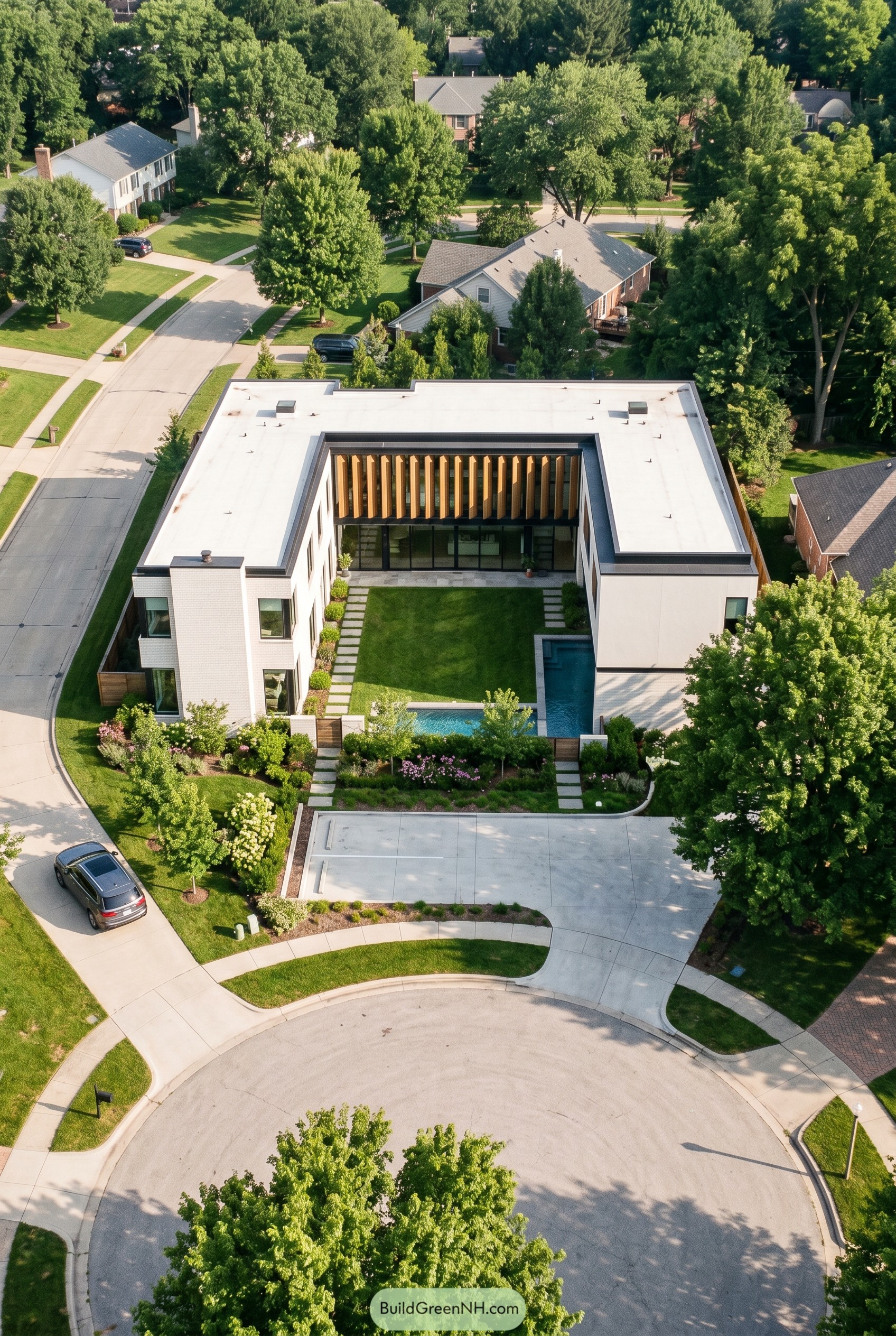 Aerial view of a U shaped courtyard house with timber screen